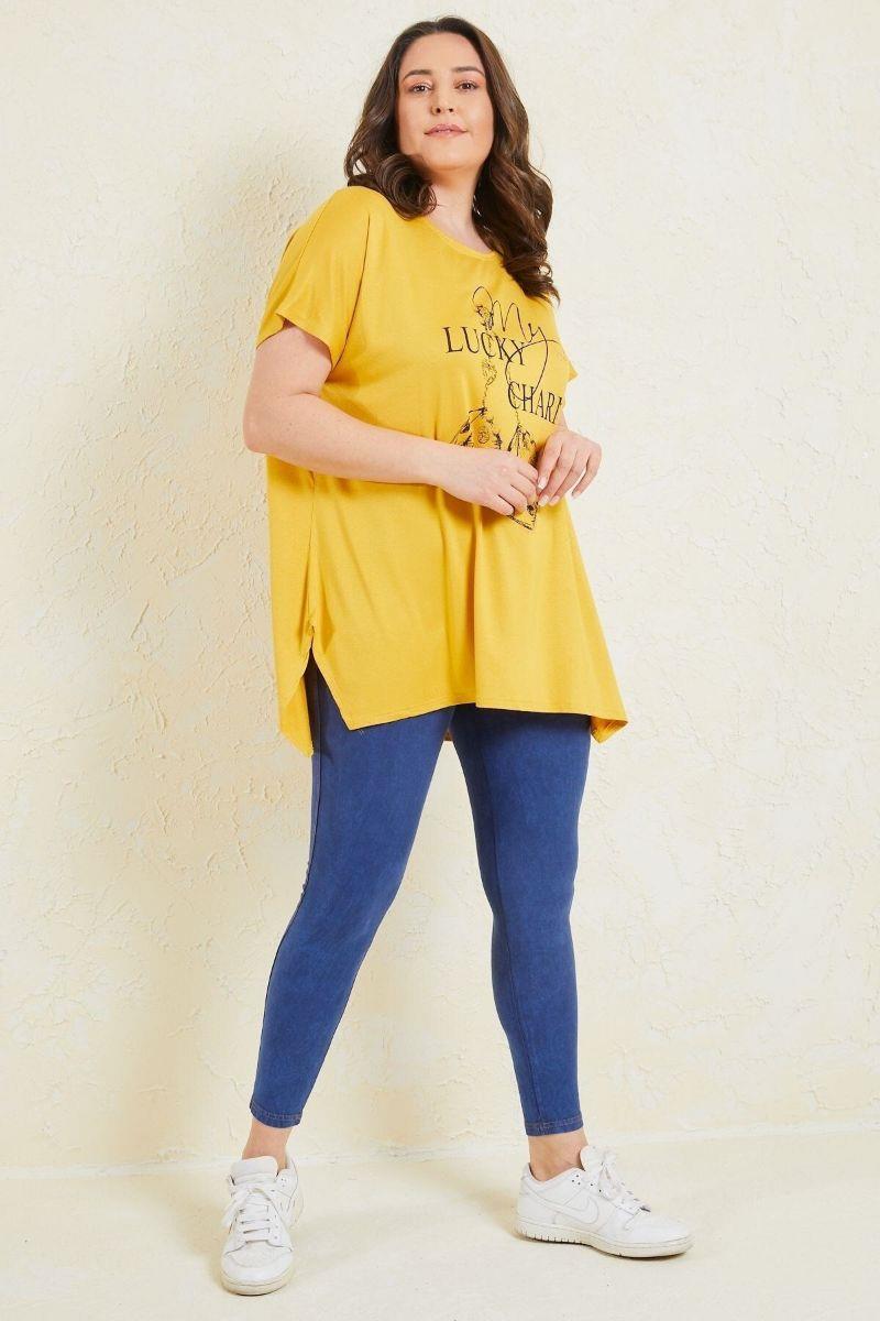 Tshirt Büyük Beden Salaş Zar Baskılı T-Shirt Hardal
