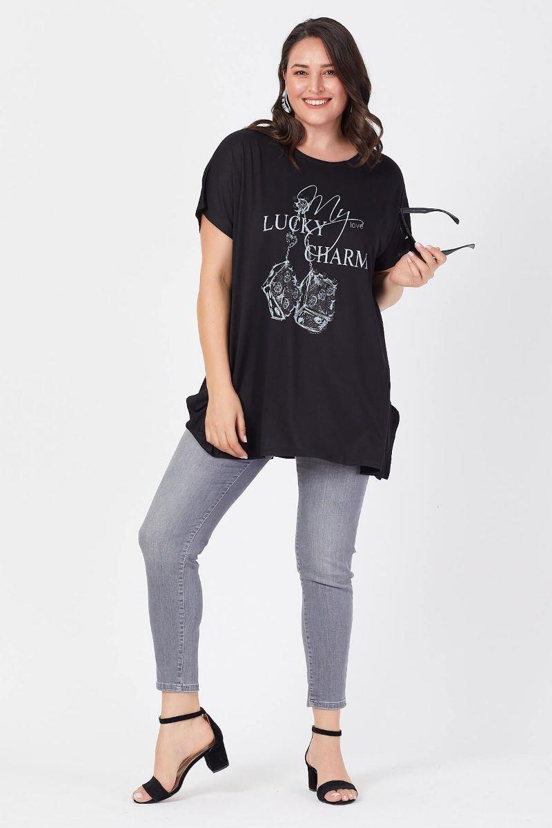 Tshirt Büyük Beden Salaş Zar Baskılı T-Shirt Siyah