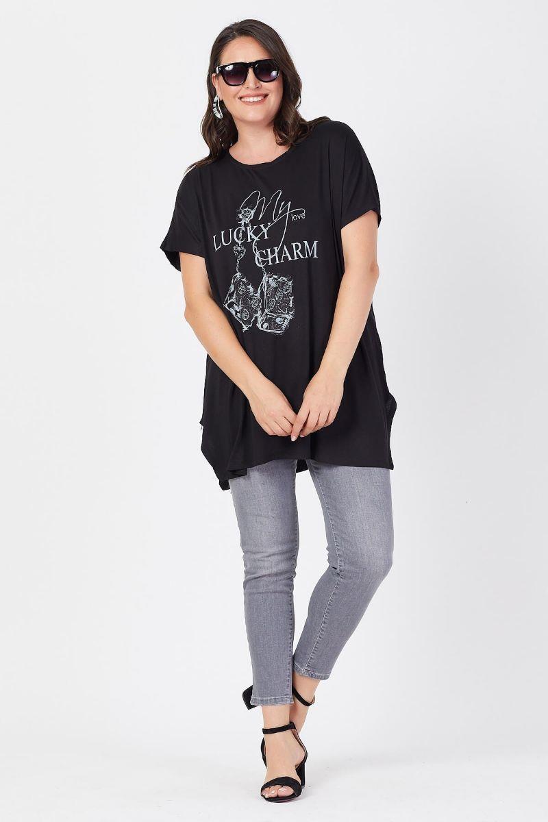 Tshirt Büyük Beden Salaş Zar Baskılı T-Shirt Siyah