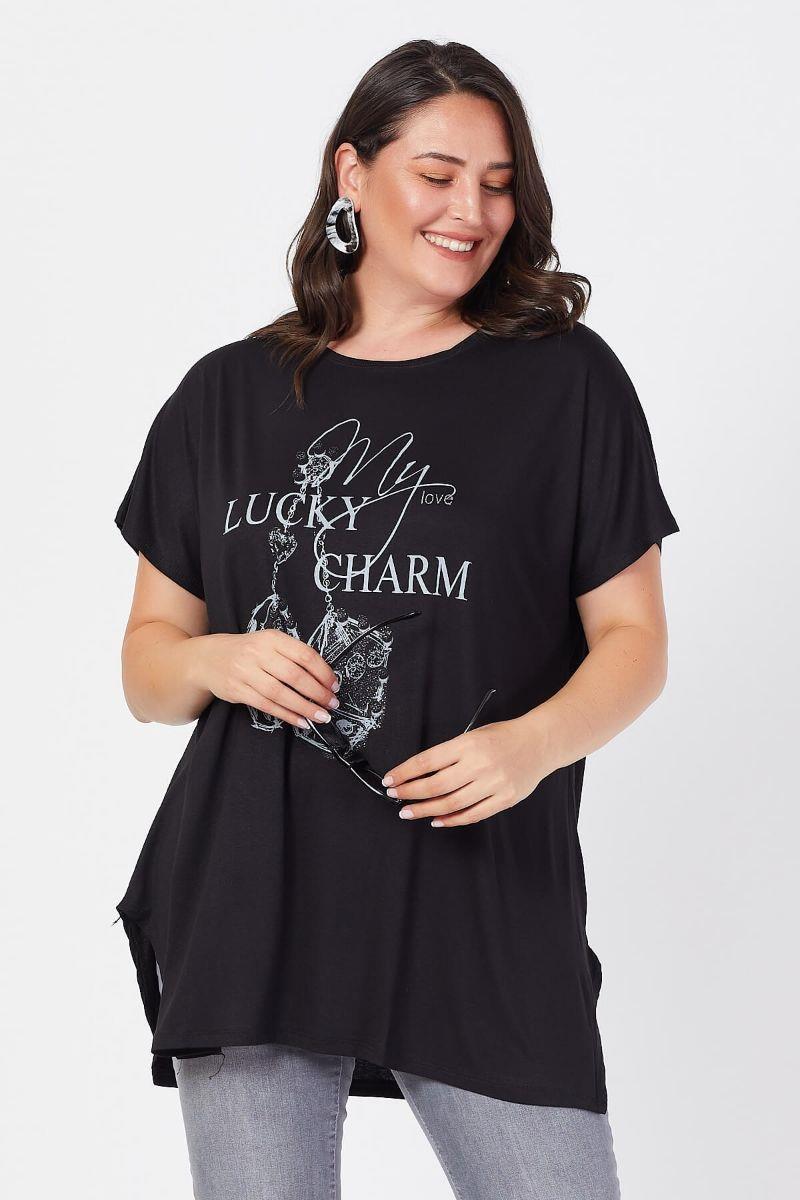 Tshirt Büyük Beden Salaş Zar Baskılı T-Shirt Siyah