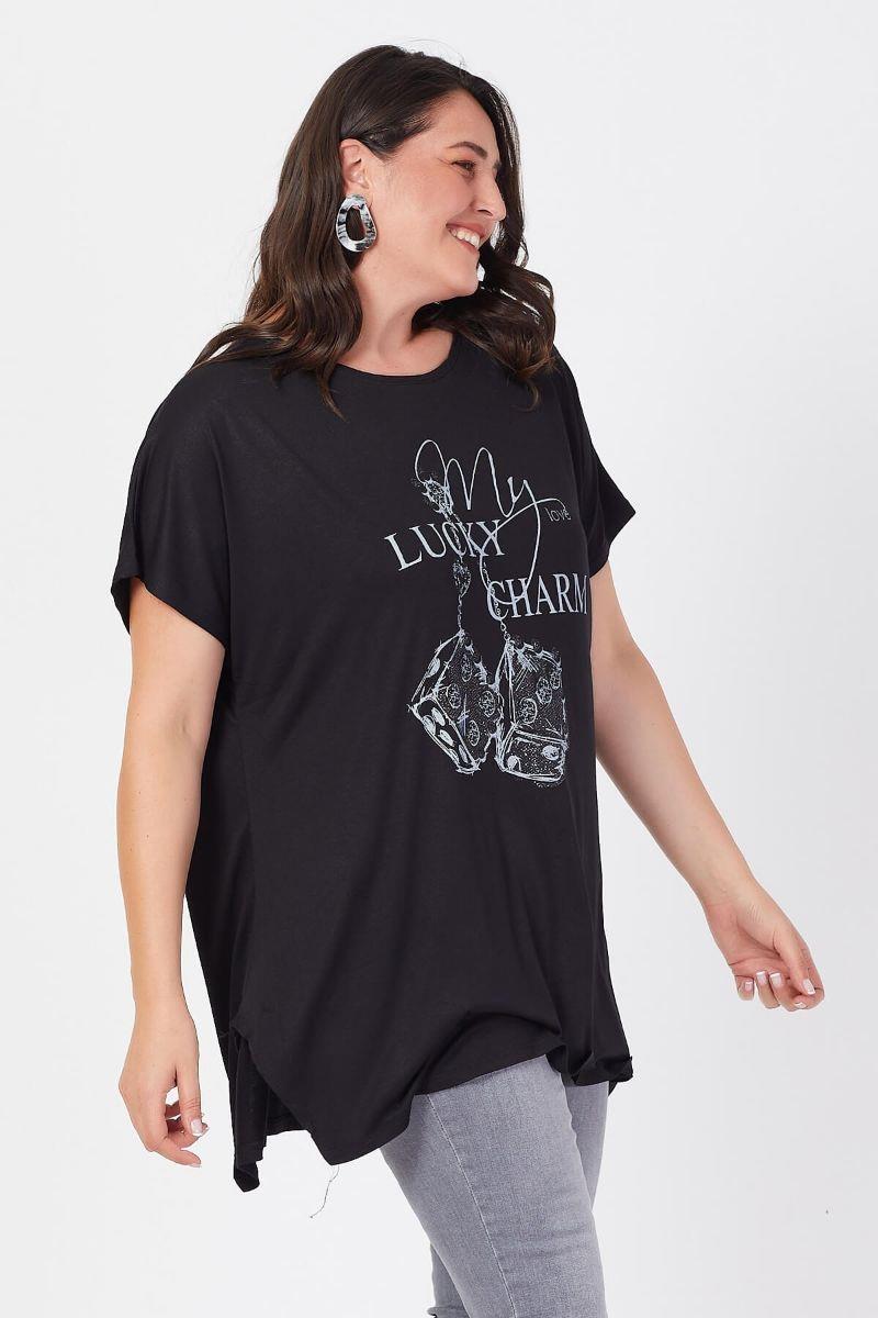 Tshirt Büyük Beden Salaş Zar Baskılı T-Shirt Siyah