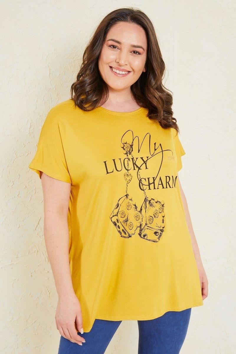Tshirt Büyük Beden Salaş Zar Baskılı T-Shirt Hardal