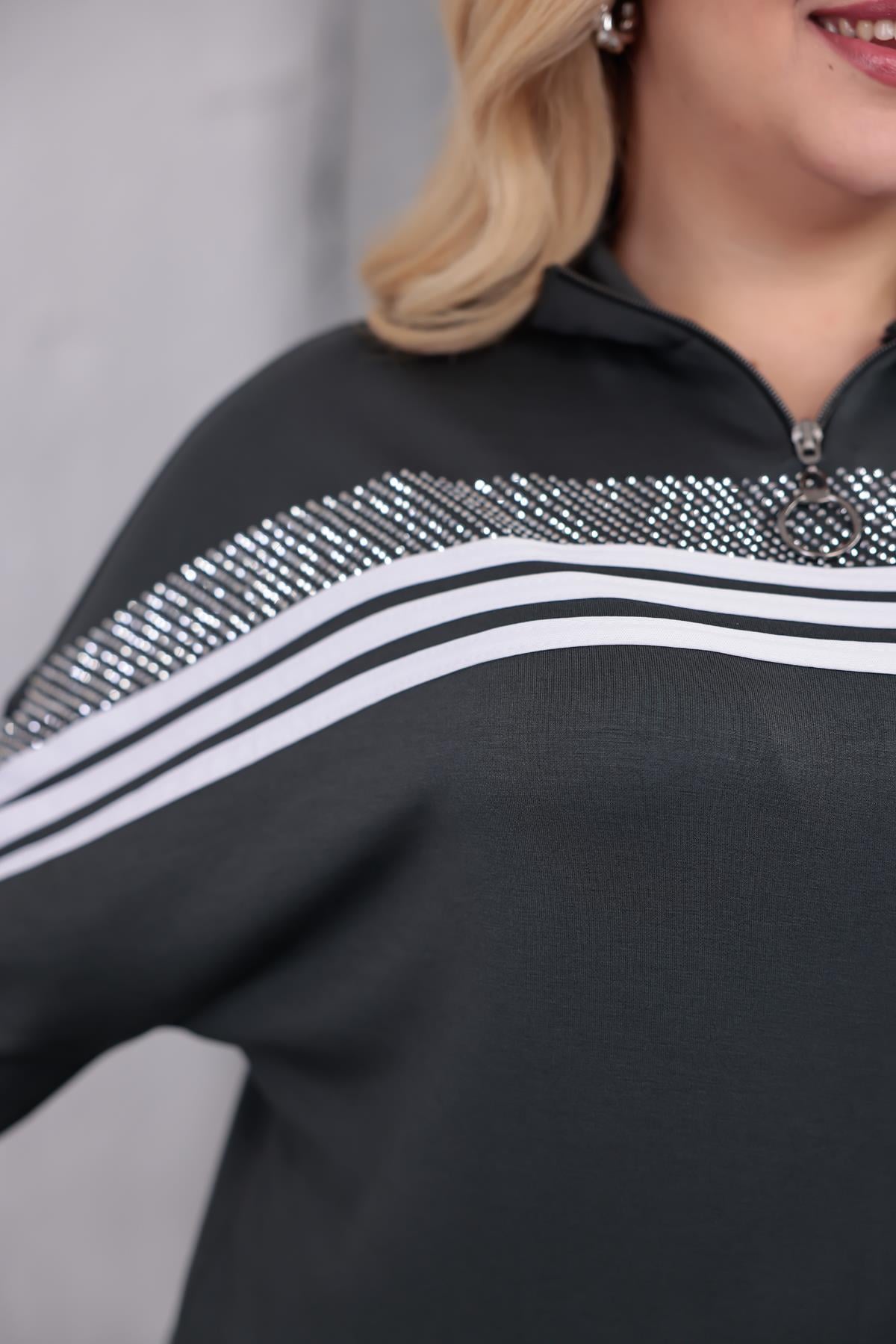 Sweatshirt Büyük Beden Şerit Deaylı Modal Kumaş Sweatshirt