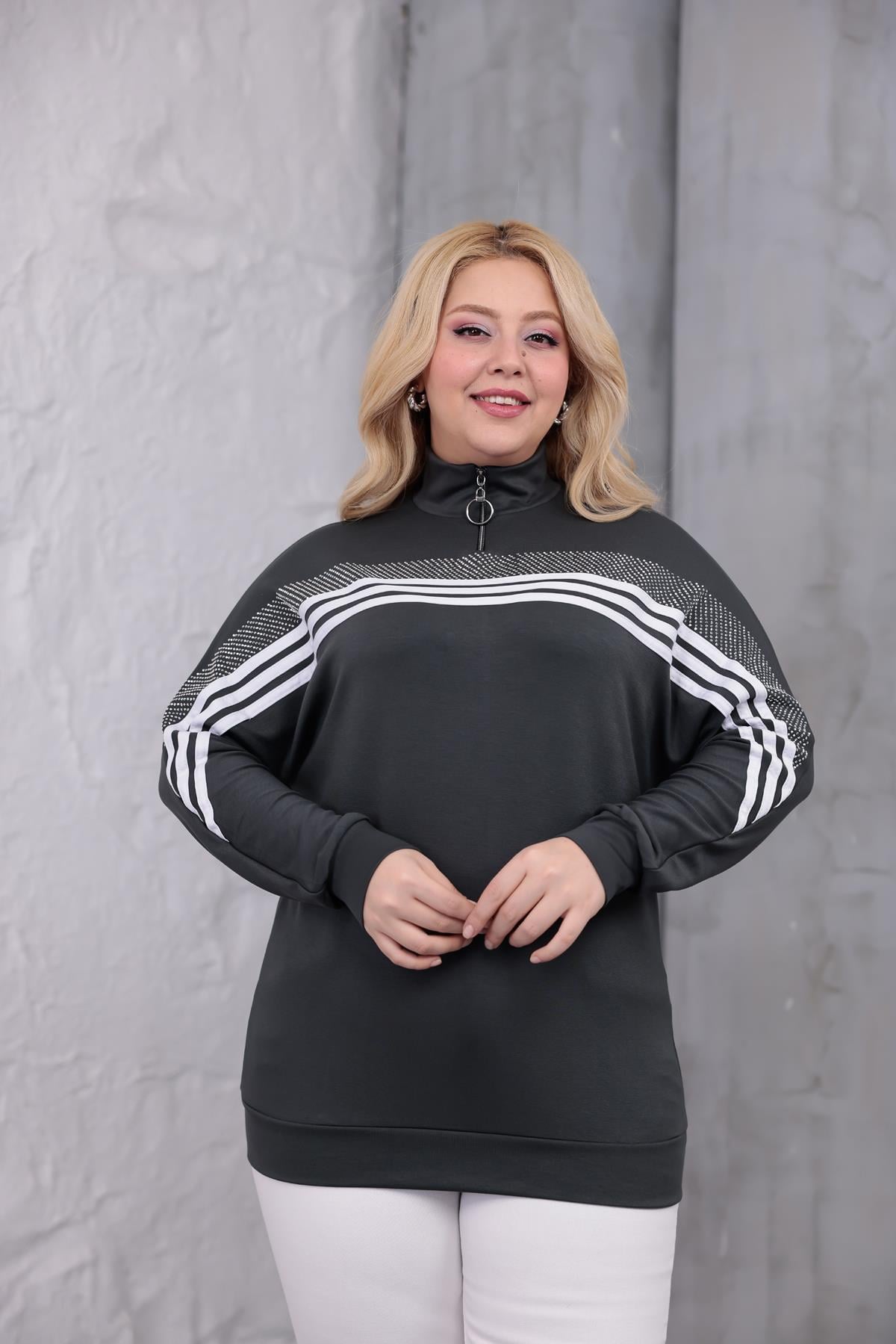 Sweatshirt Büyük Beden Şerit Deaylı Modal Kumaş Sweatshirt