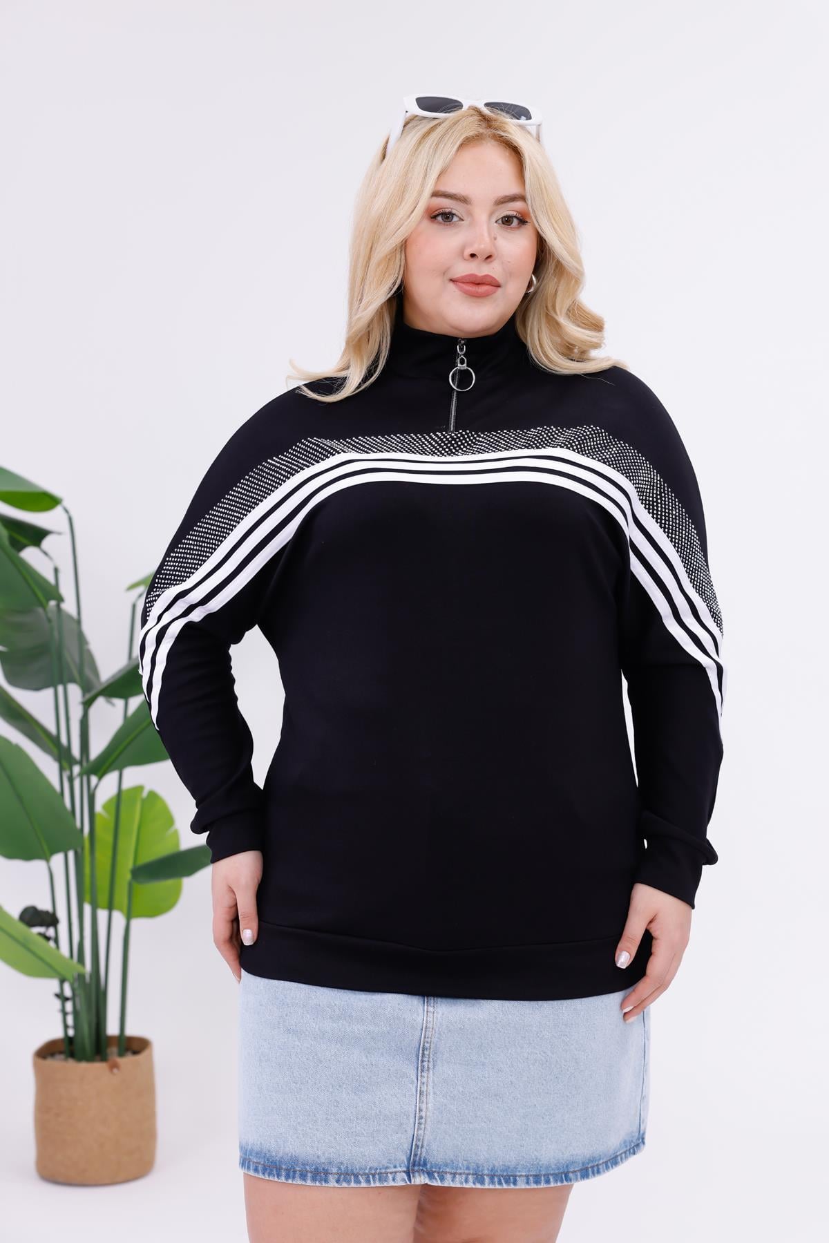 Sweatshirt Büyük Beden Şerit Deaylı Modal Kumaş Sweatshirt