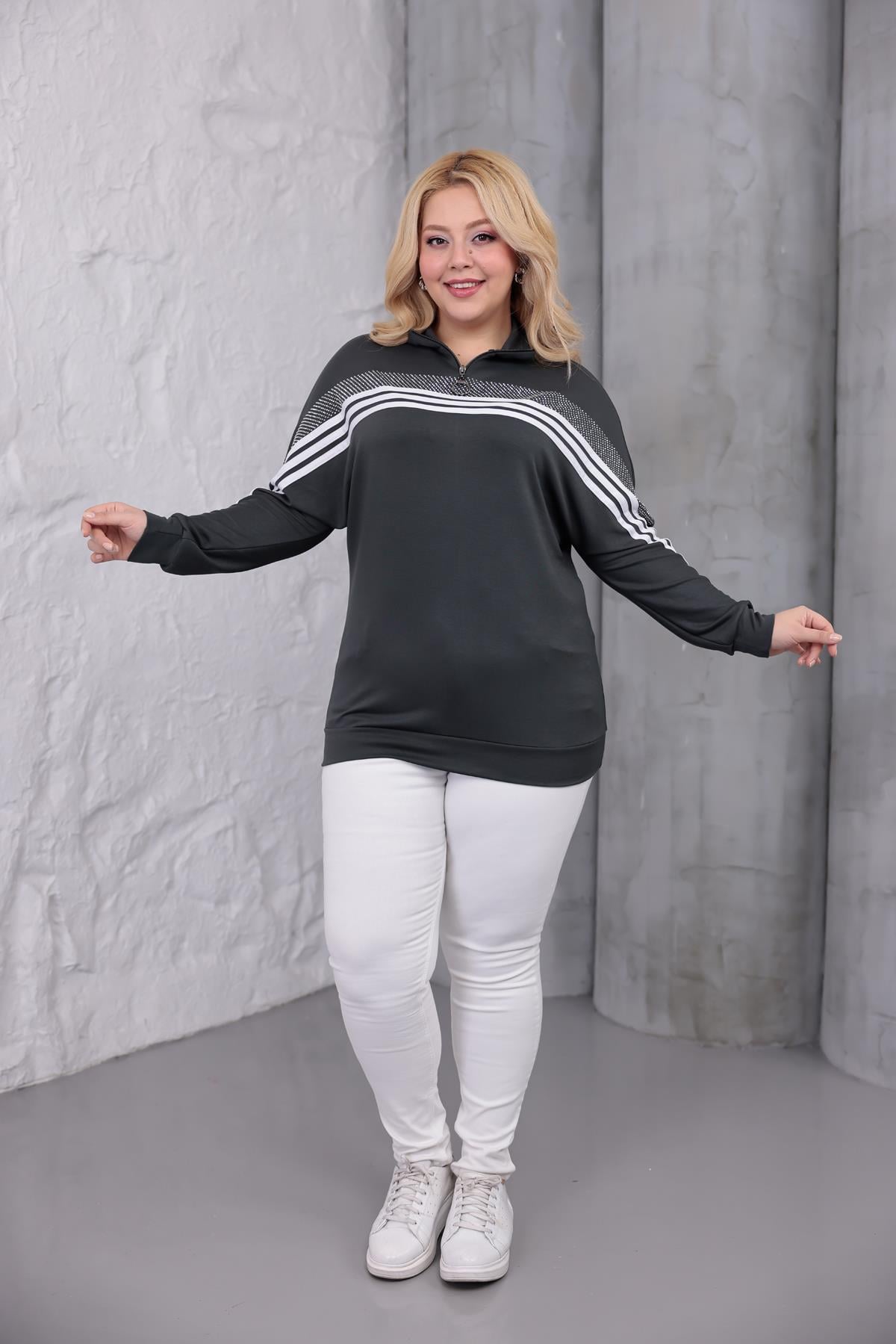 Sweatshirt Büyük Beden Şerit Deaylı Modal Kumaş Sweatshirt