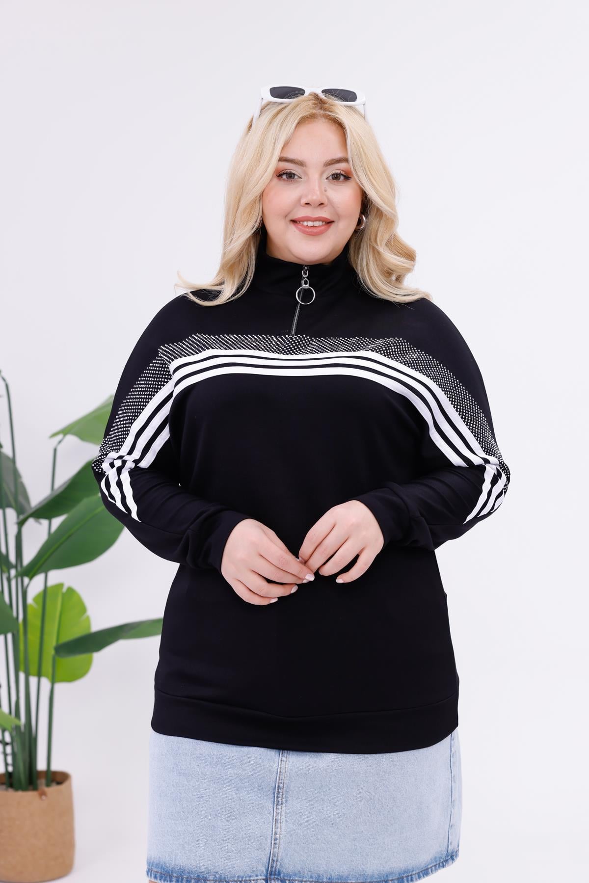 Sweatshirt Büyük Beden Şerit Deaylı Modal Kumaş Sweatshirt