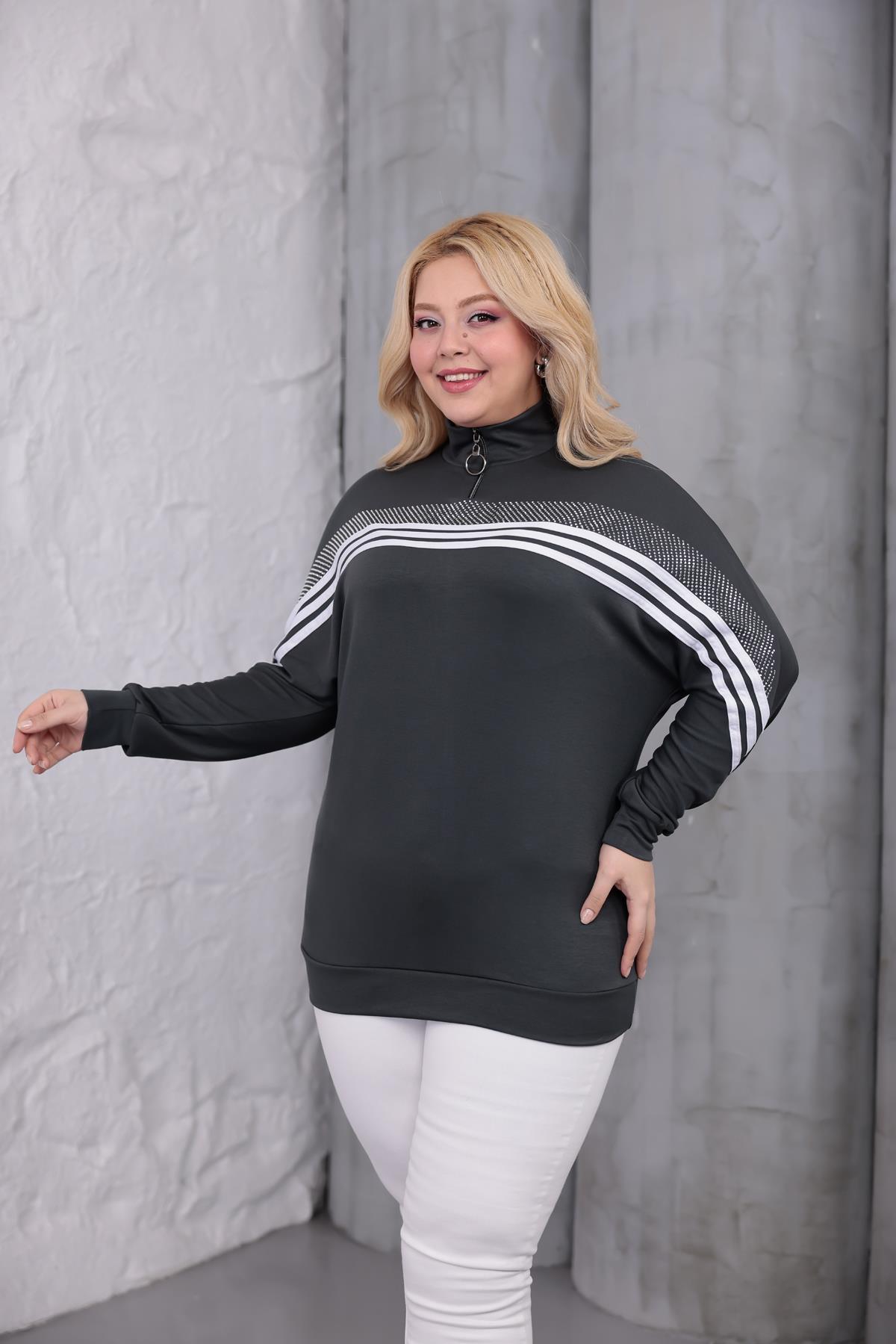 Sweatshirt Büyük Beden Şerit Deaylı Modal Kumaş Sweatshirt