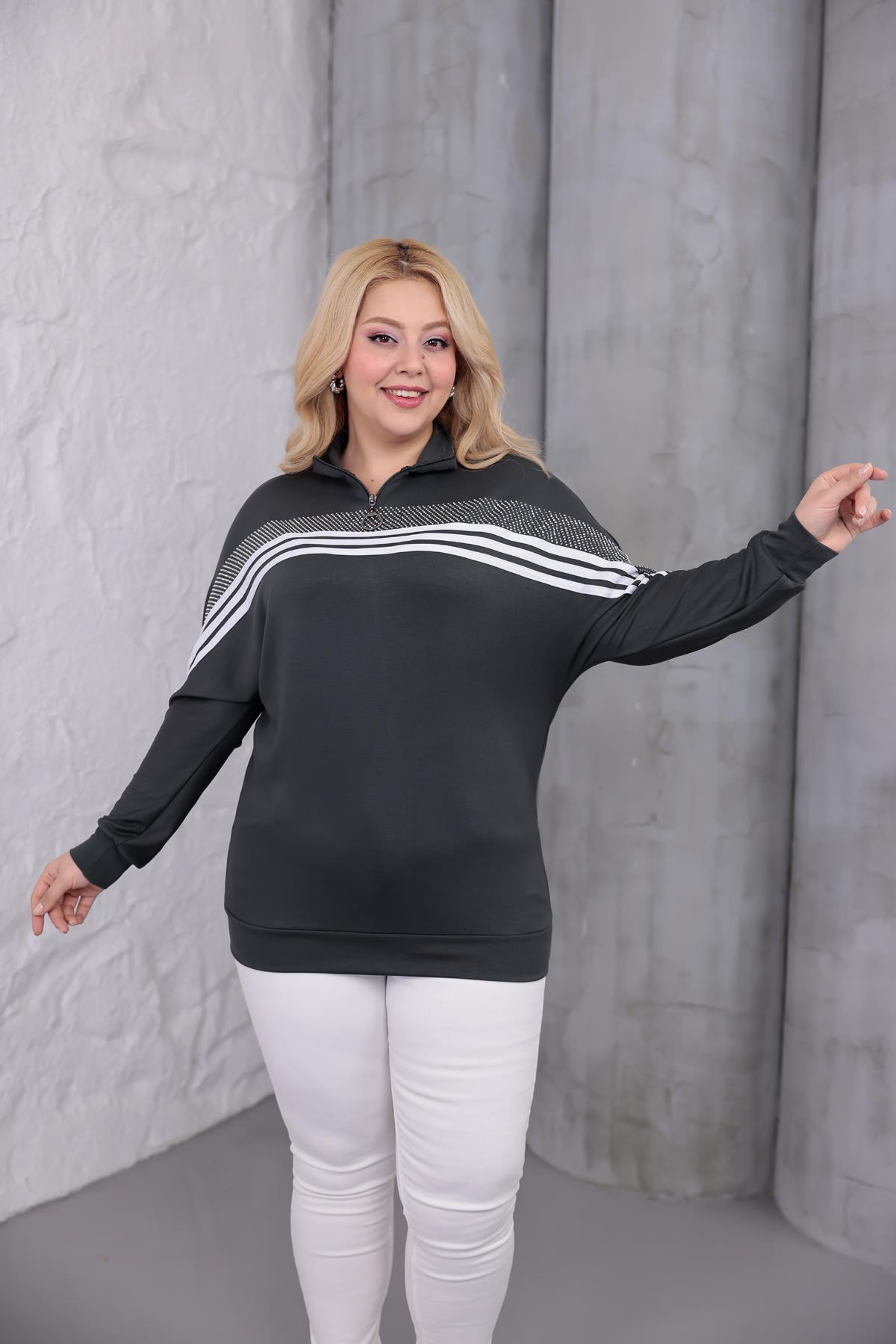 Sweatshirt Büyük Beden Şerit Deaylı Modal Kumaş Sweatshirt