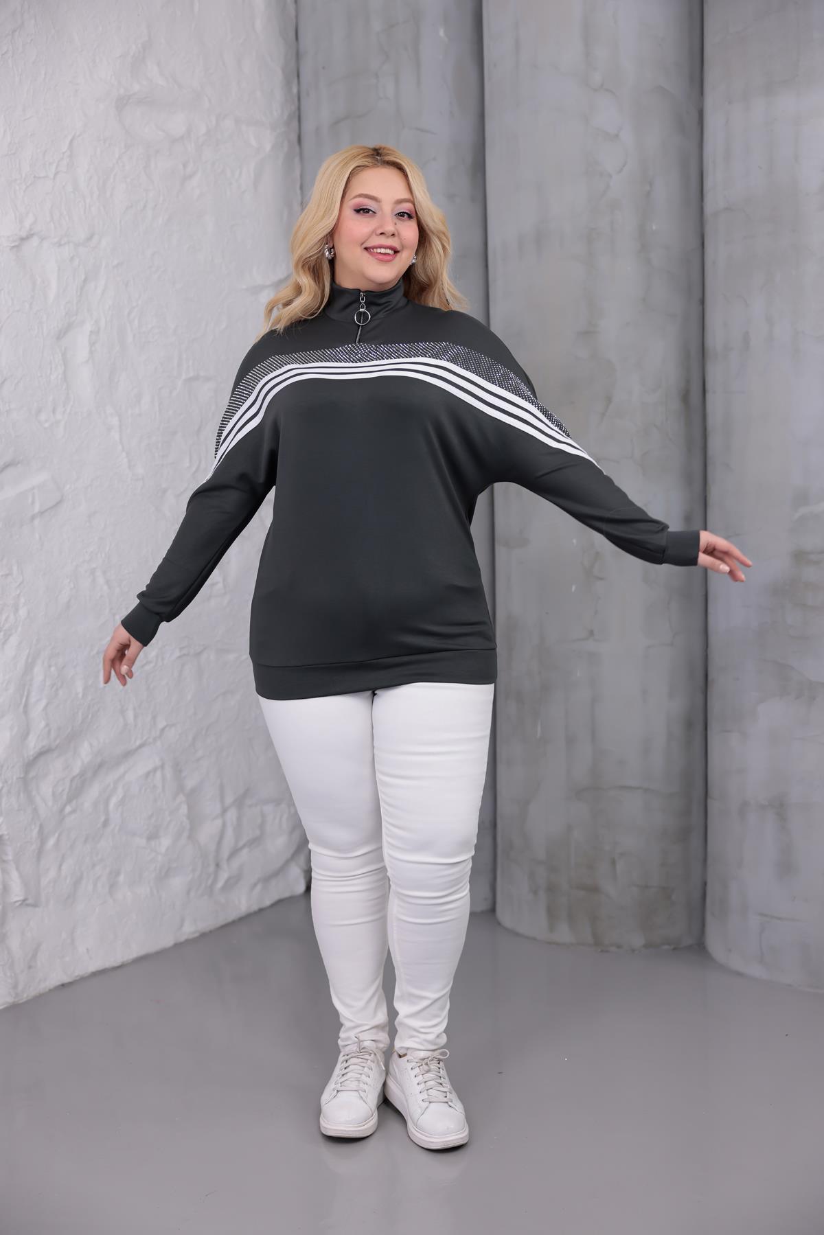 Sweatshirt Büyük Beden Şerit Deaylı Modal Kumaş Sweatshirt