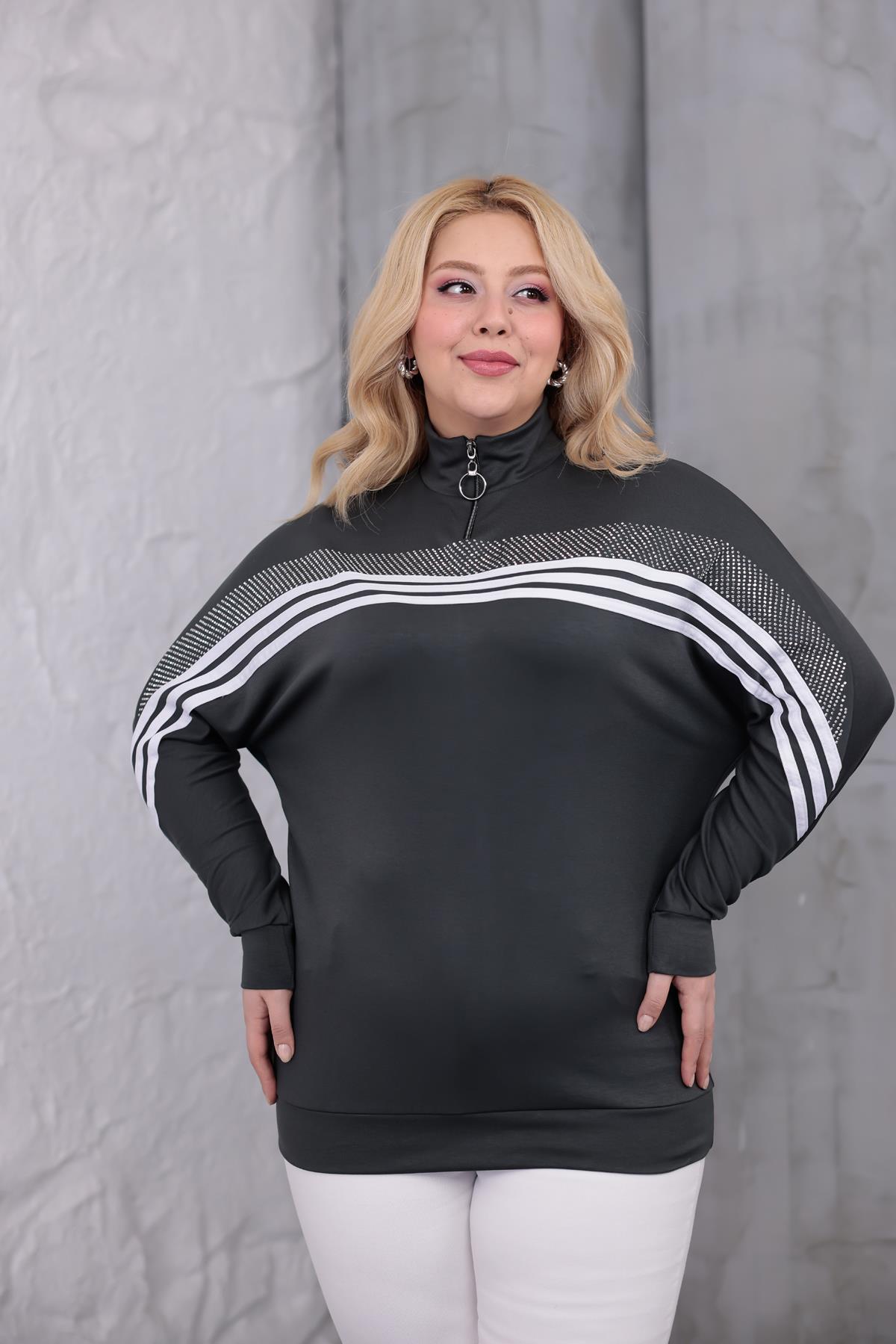 Sweatshirt Büyük Beden Şerit Deaylı Modal Kumaş Sweatshirt
