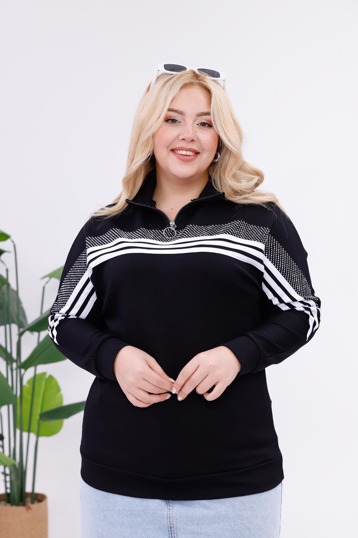 Sweatshirt Büyük Beden Şerit Deaylı Modal Kumaş Sweatshirt