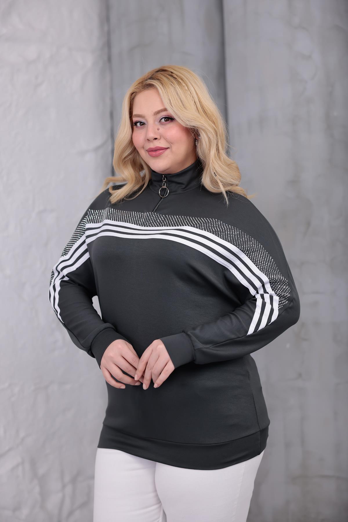Sweatshirt Büyük Beden Şerit Deaylı Modal Kumaş Sweatshirt