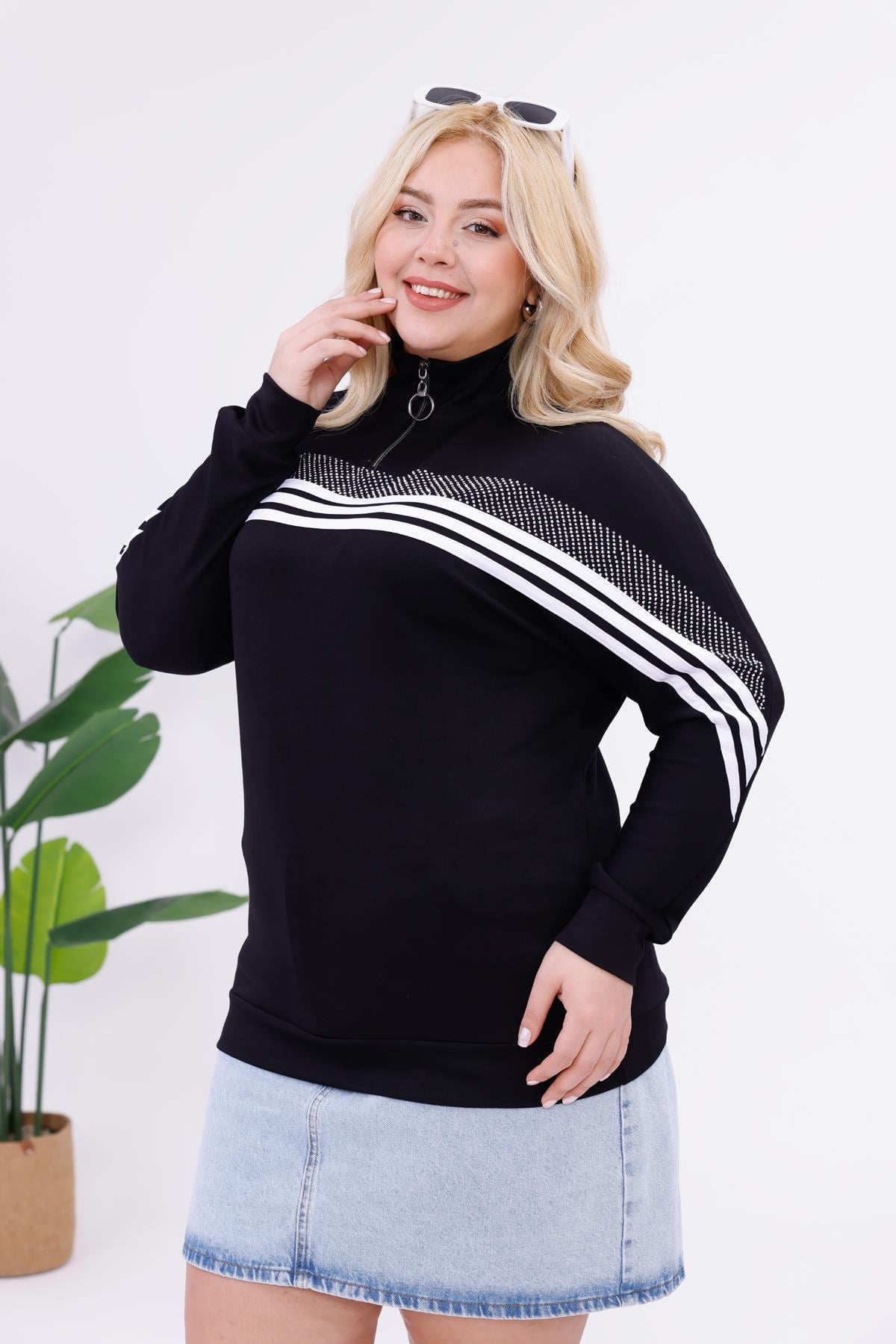 Sweatshirt Büyük Beden Şerit Deaylı Modal Kumaş Sweatshirt