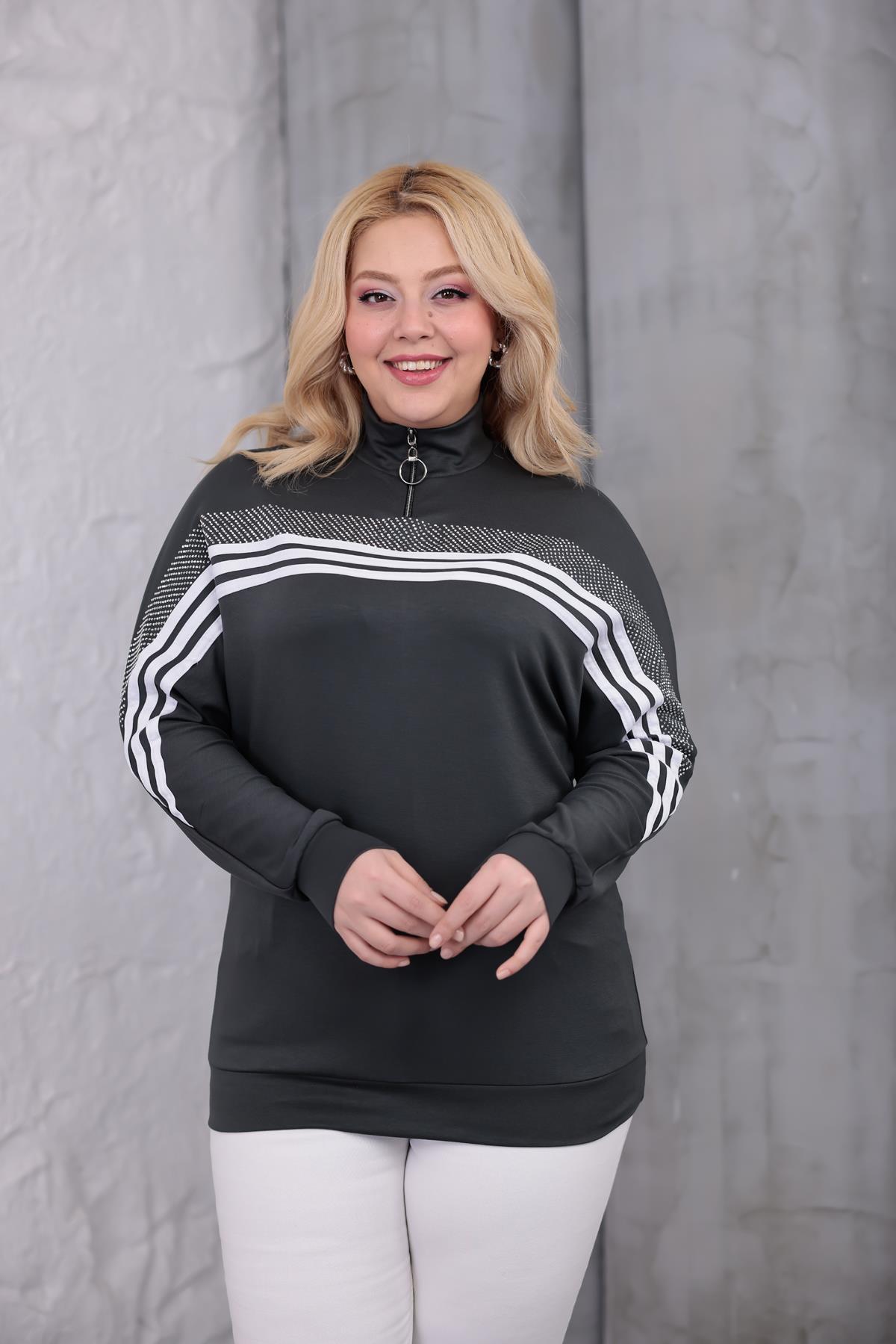 Sweatshirt Büyük Beden Şerit Deaylı Modal Kumaş Sweatshirt