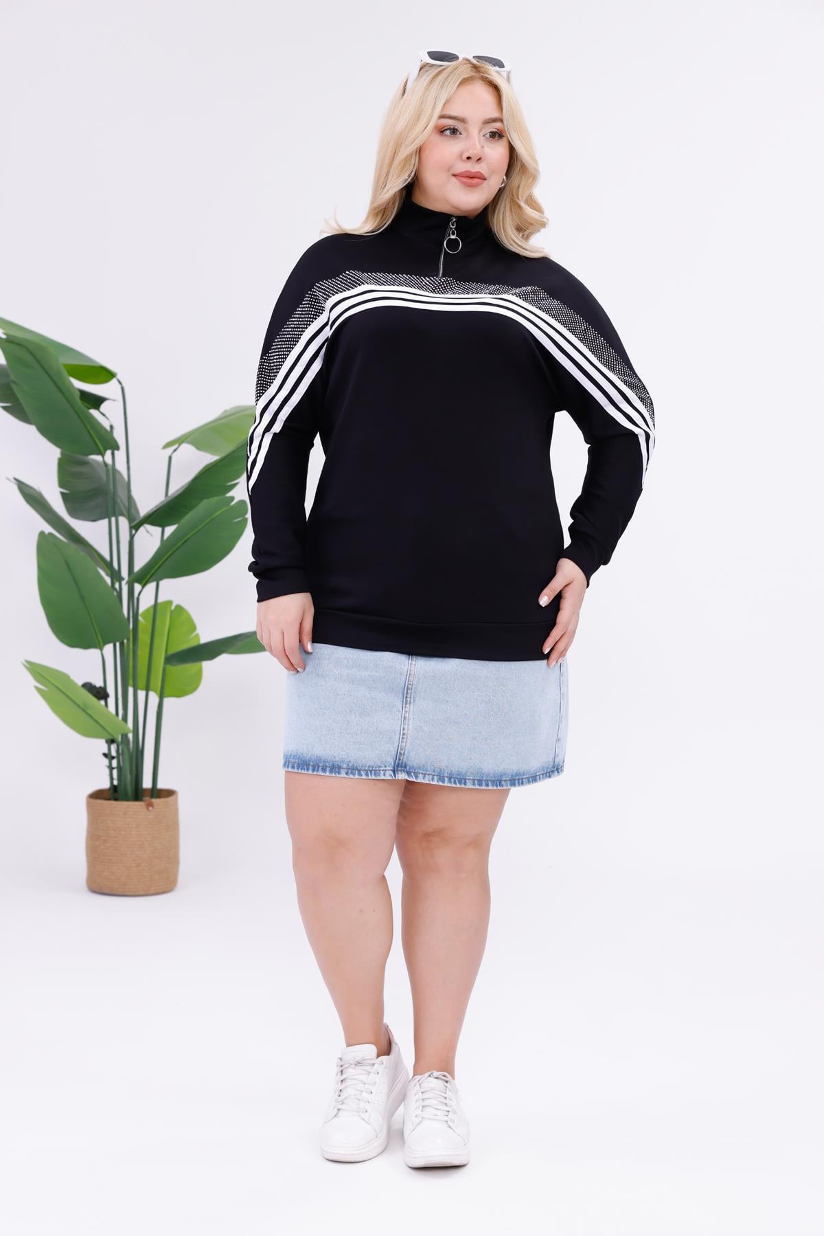 Sweatshirt Büyük Beden Şerit Deaylı Modal Kumaş Sweatshirt