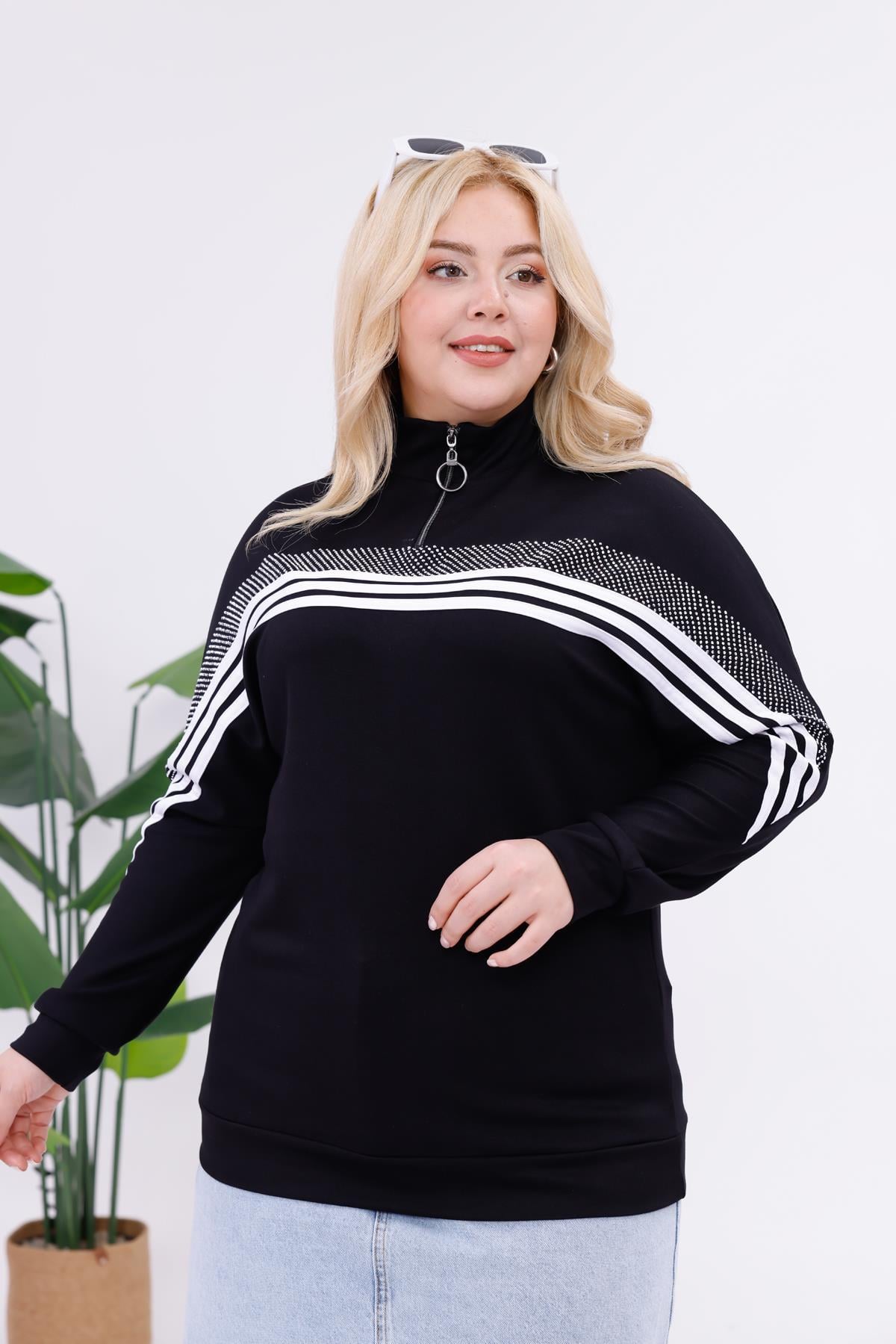 Sweatshirt Büyük Beden Şerit Deaylı Modal Kumaş Sweatshirt