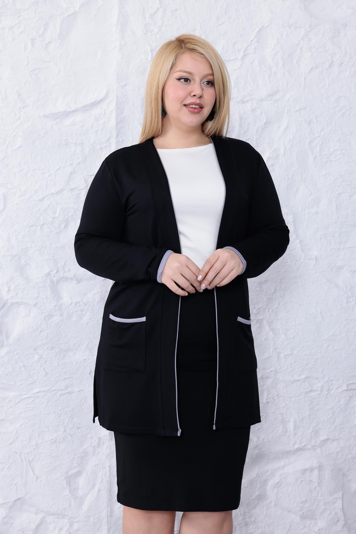 Hırka Büyük Beden Şerit Detaylı Basıc Hırka