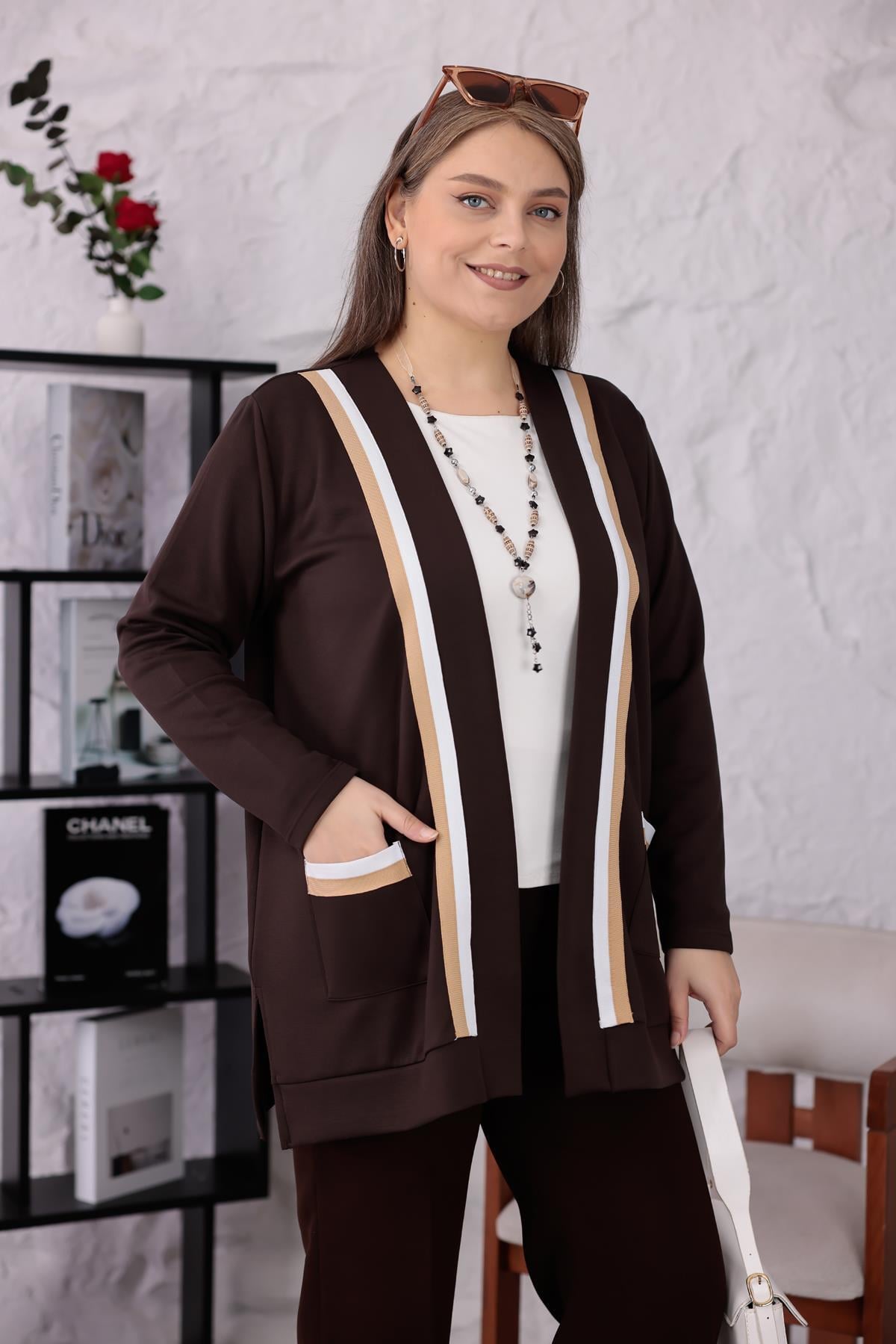 Hırka Büyük Beden Şerit Detaylı Hırka