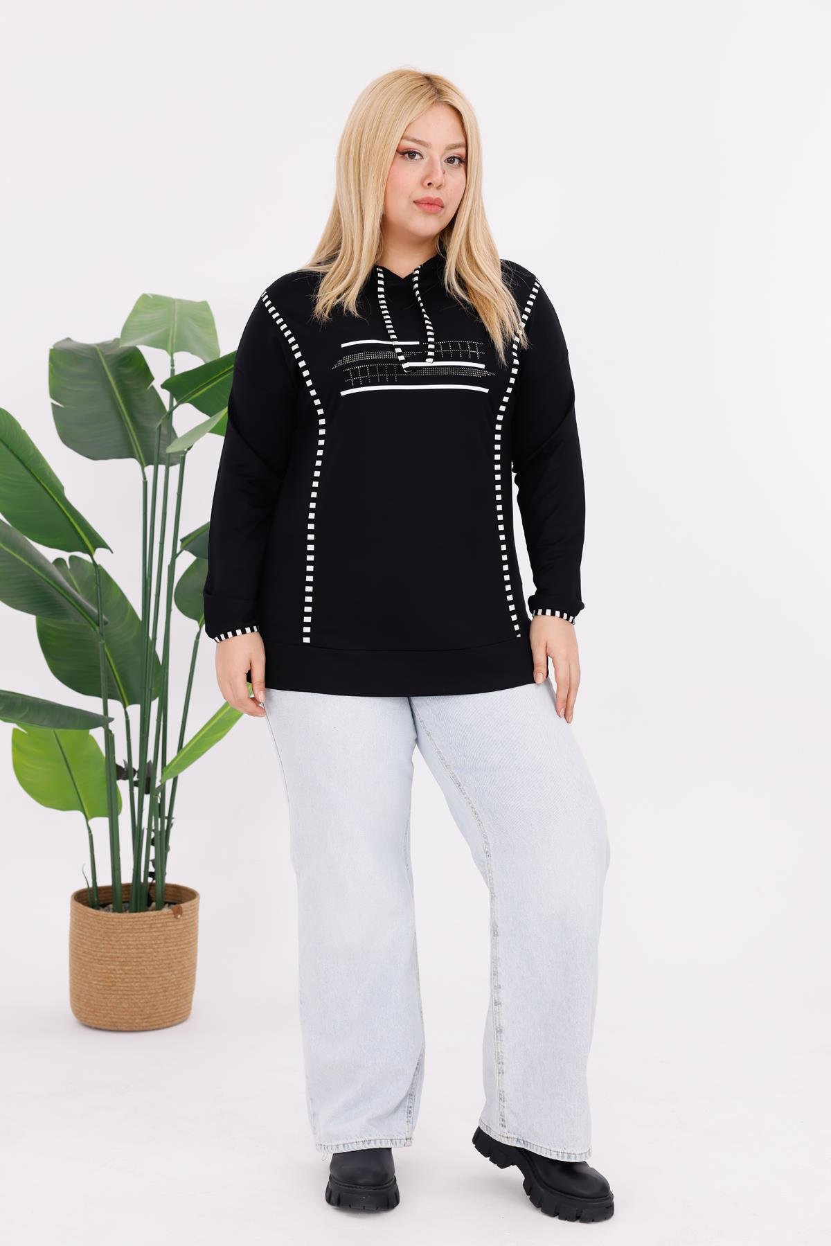 Sweatshirt Büyük Beden Şerit Detaylı Sweatshirt