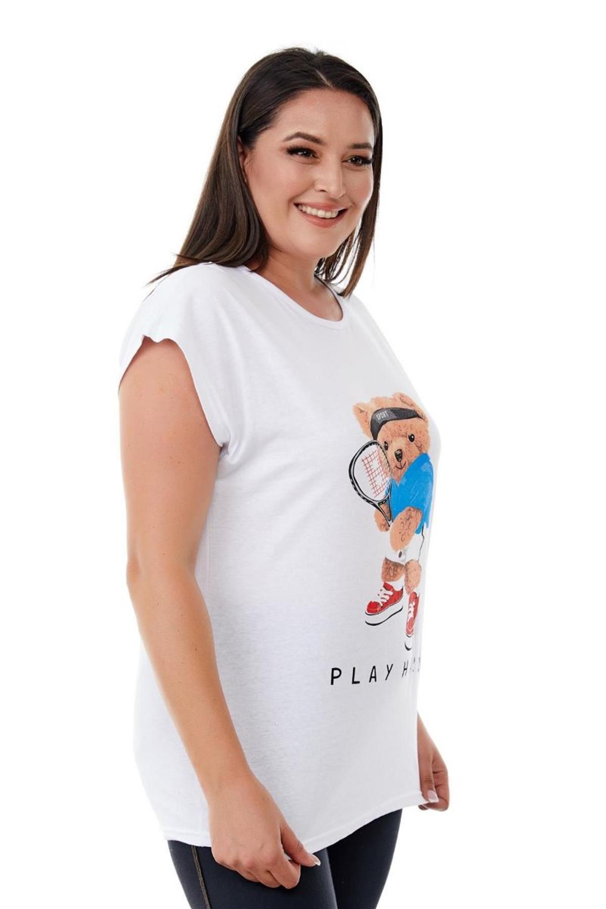 Tshirt Büyük Beden Sporcu Teddy Baskılı T-Shirt Beyaz
