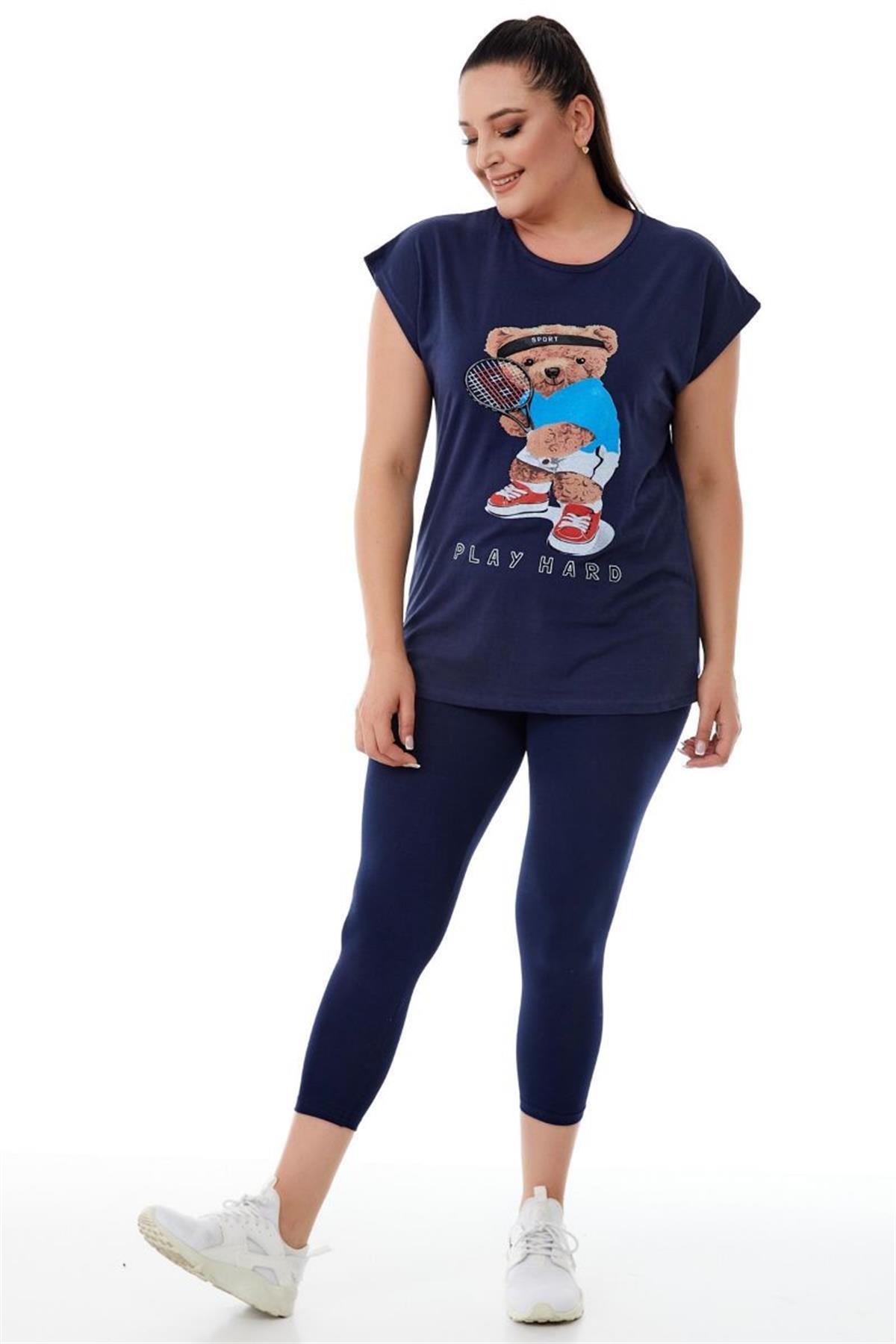 Tshirt Büyük Beden Sporcu Teddy Baskılı T-Shirt Lacivert