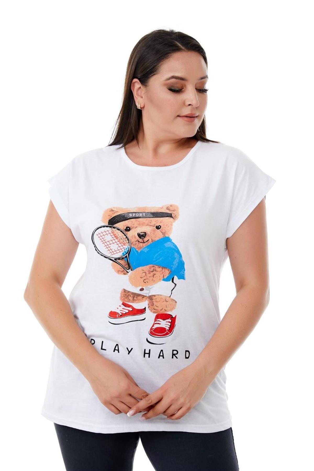 Tshirt Büyük Beden Sporcu Teddy Baskılı T-Shirt Beyaz