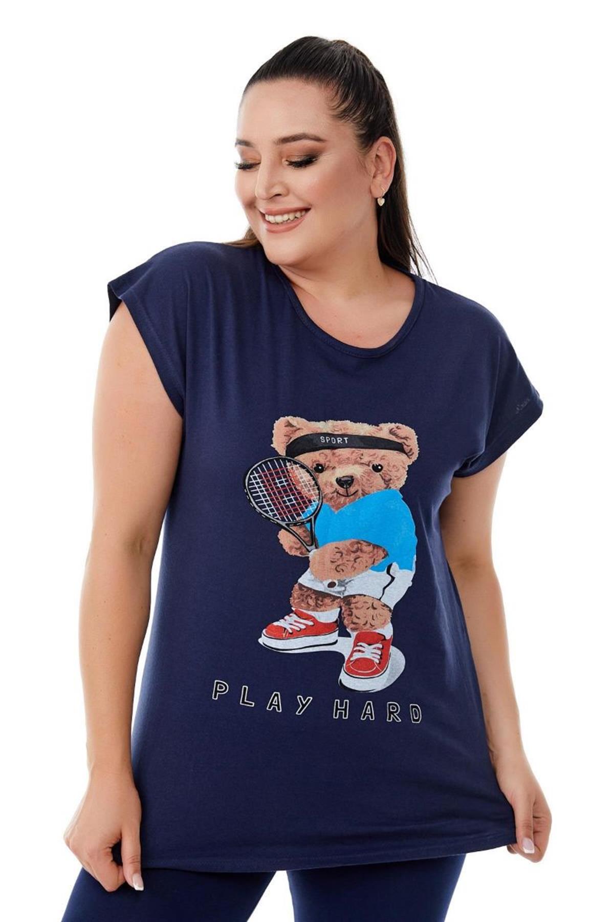 Tshirt Büyük Beden Sporcu Teddy Baskılı T-Shirt Lacivert