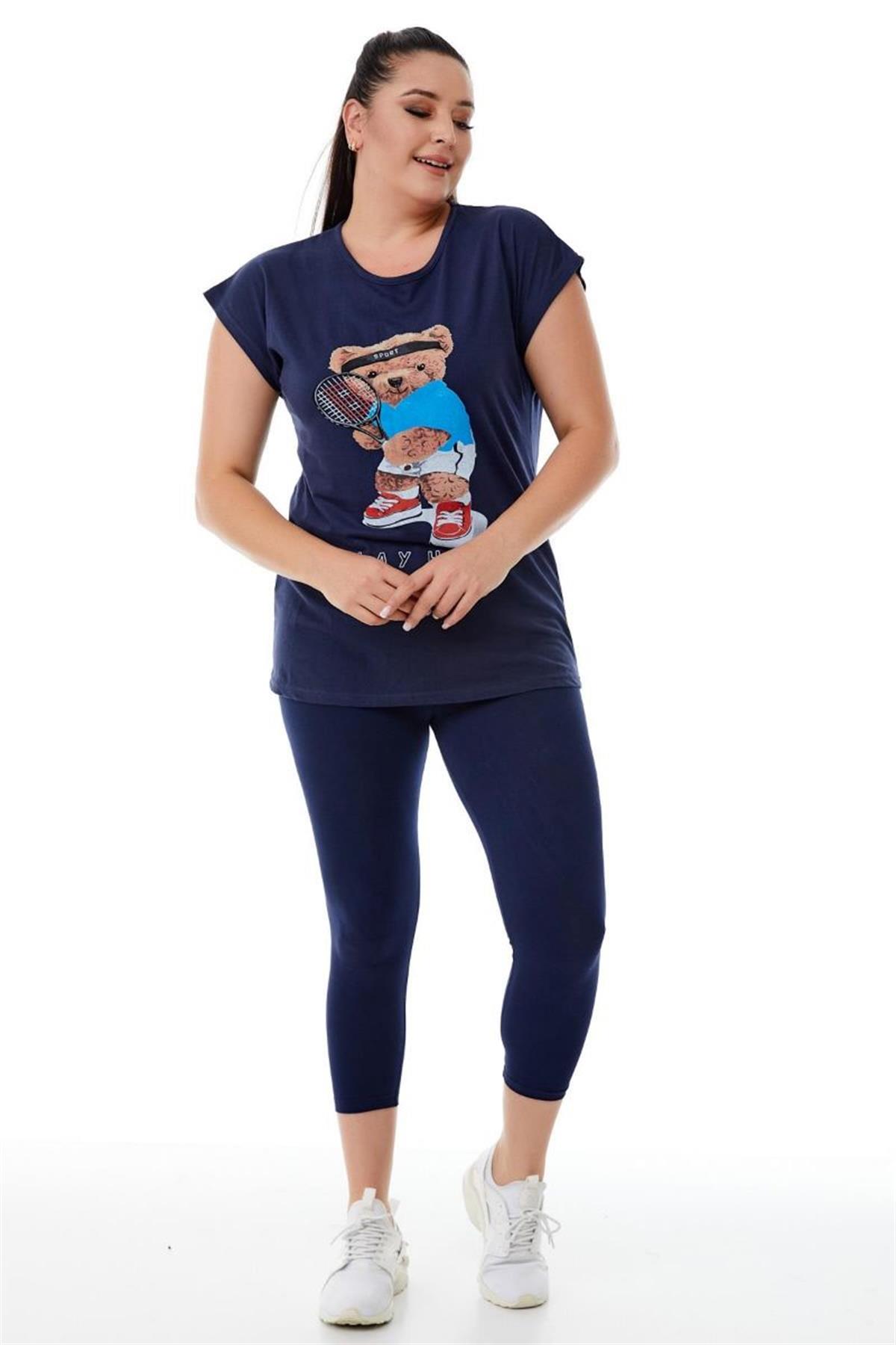 Tshirt Büyük Beden Sporcu Teddy Baskılı T-Shirt Lacivert