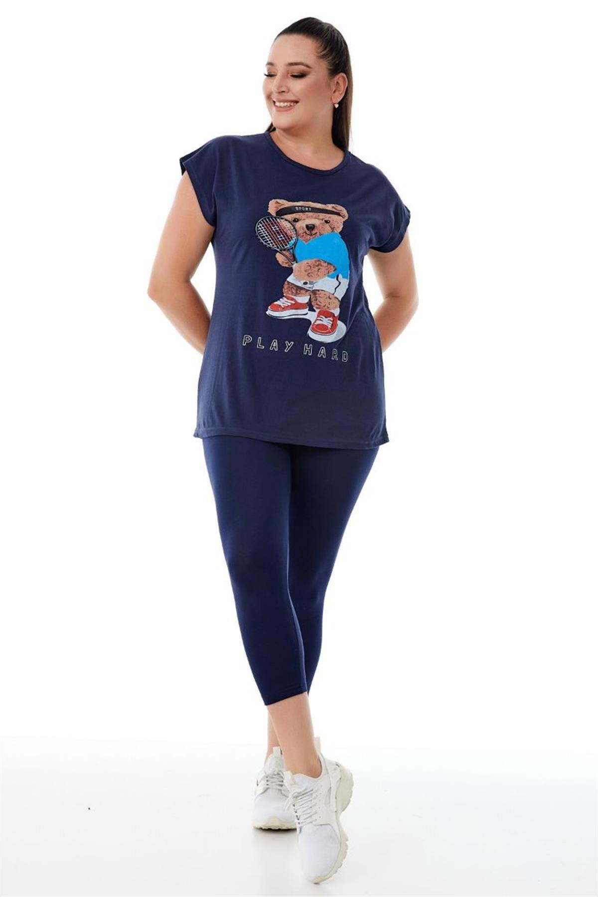 Tshirt Büyük Beden Sporcu Teddy Baskılı T-Shirt Lacivert