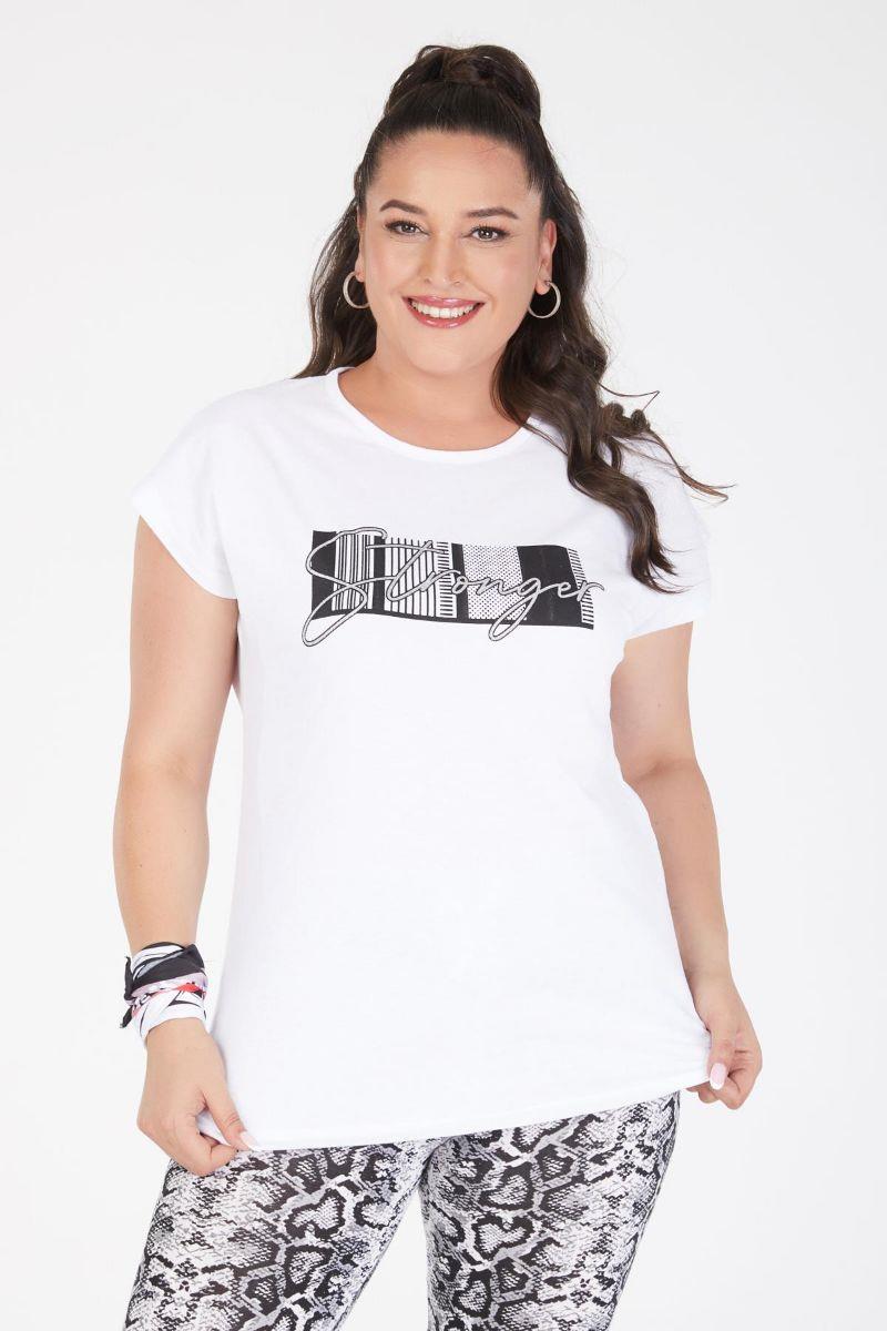 Tshirt Büyük Beden Stronger Yazılı Yarasa Kol T-Shirt Beyaz