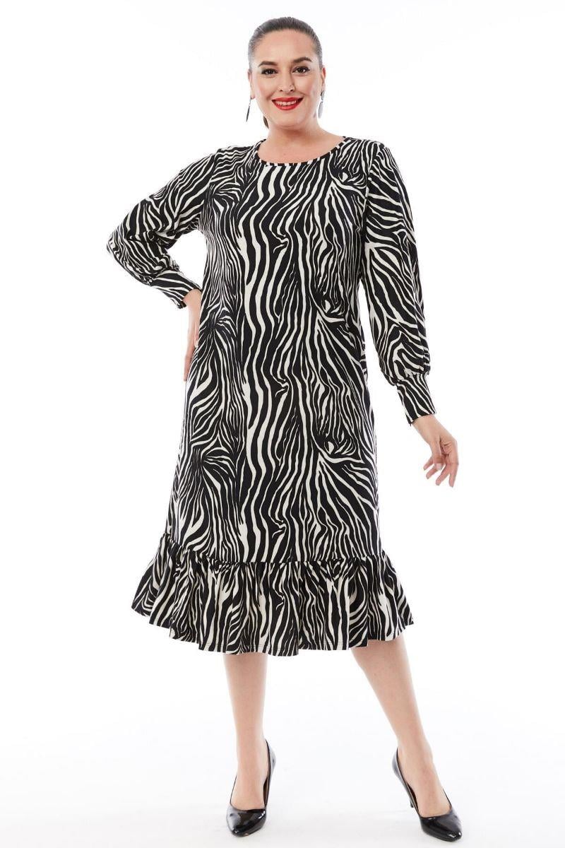 Elbise Büyük Beden Süet Kumaş Desenli Fırfırlı Siyah Elbise Zebra