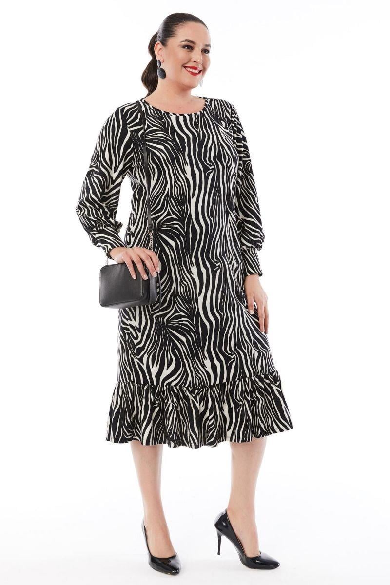 Elbise Büyük Beden Süet Kumaş Desenli Fırfırlı Siyah Elbise Zebra