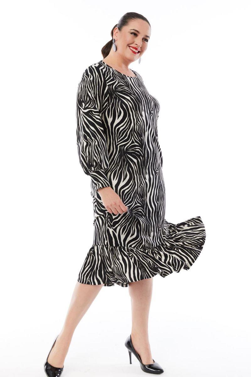 Elbise Büyük Beden Süet Kumaş Desenli Fırfırlı Siyah Elbise Zebra