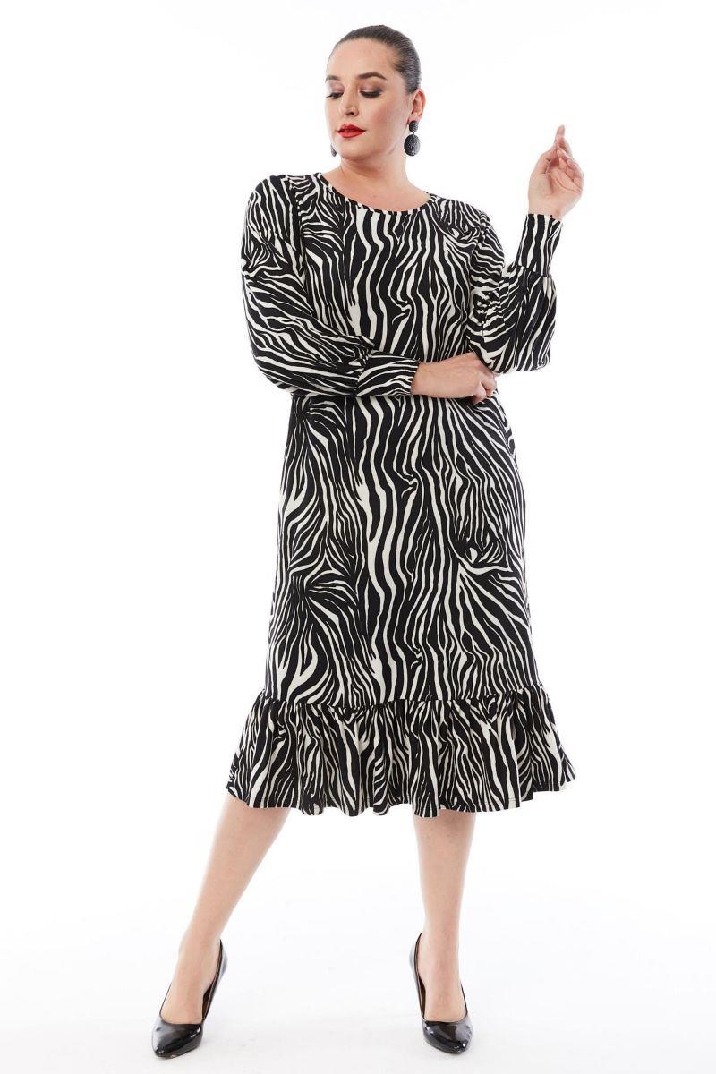 Elbise Büyük Beden Süet Kumaş Desenli Fırfırlı Siyah Elbise Zebra