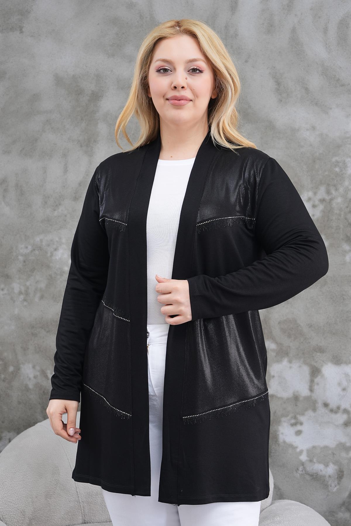 Hırka Büyük Beden Taş Baskılı Parlak Kumaş Hırka