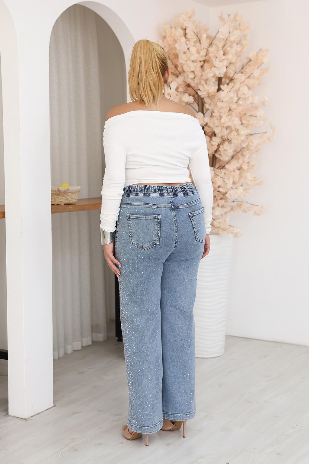 Pantolon Büyük Beden Taşlı Beli Lastikli Taşlı Palazzo Jean Pantolon