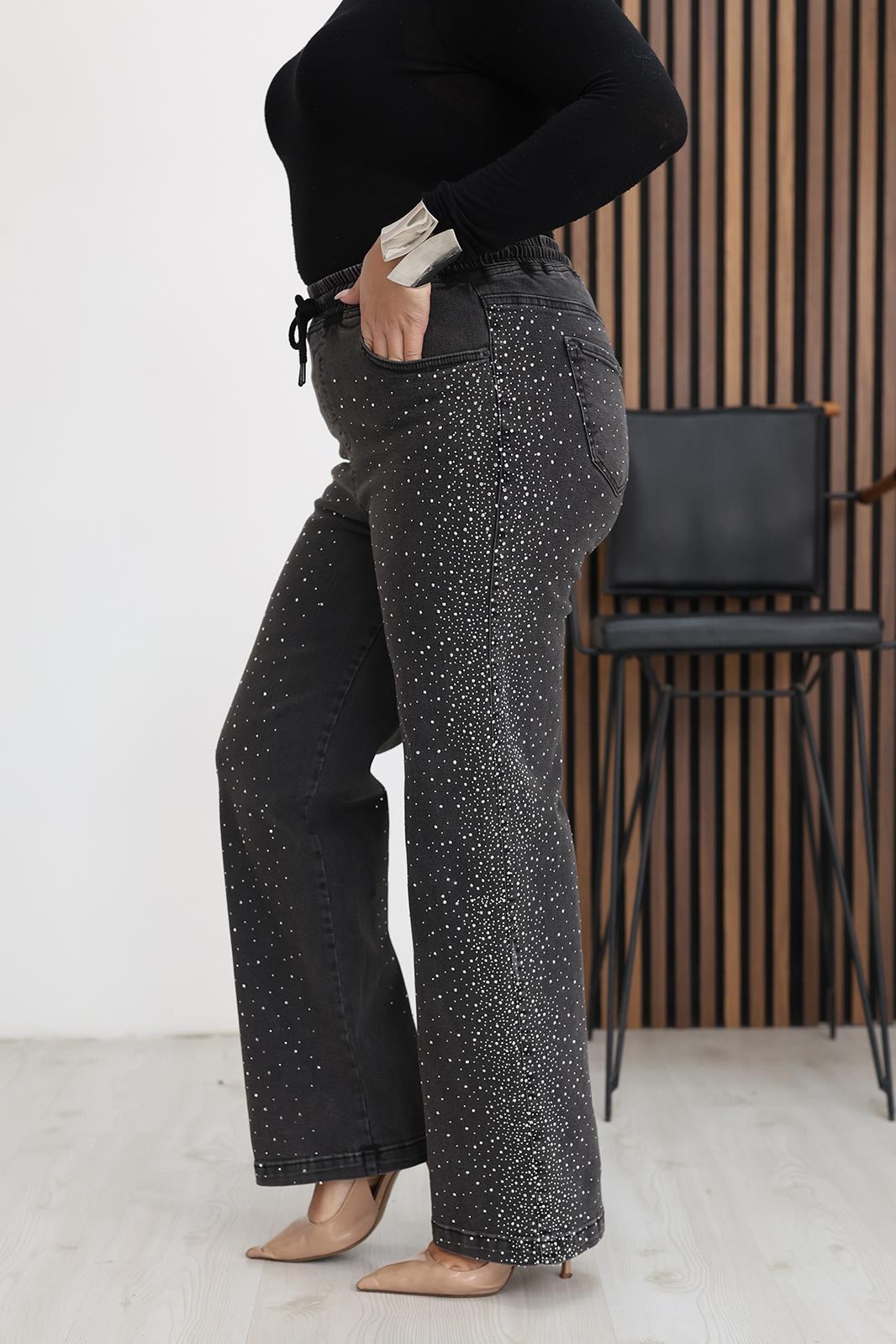 Pantolon Büyük Beden Taşlı Beli Lastikli Taşlı Palazzo Jean Pantolon