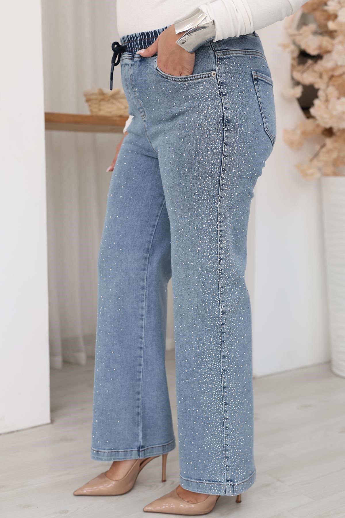 Pantolon Büyük Beden Taşlı Beli Lastikli Taşlı Palazzo Jean Pantolon