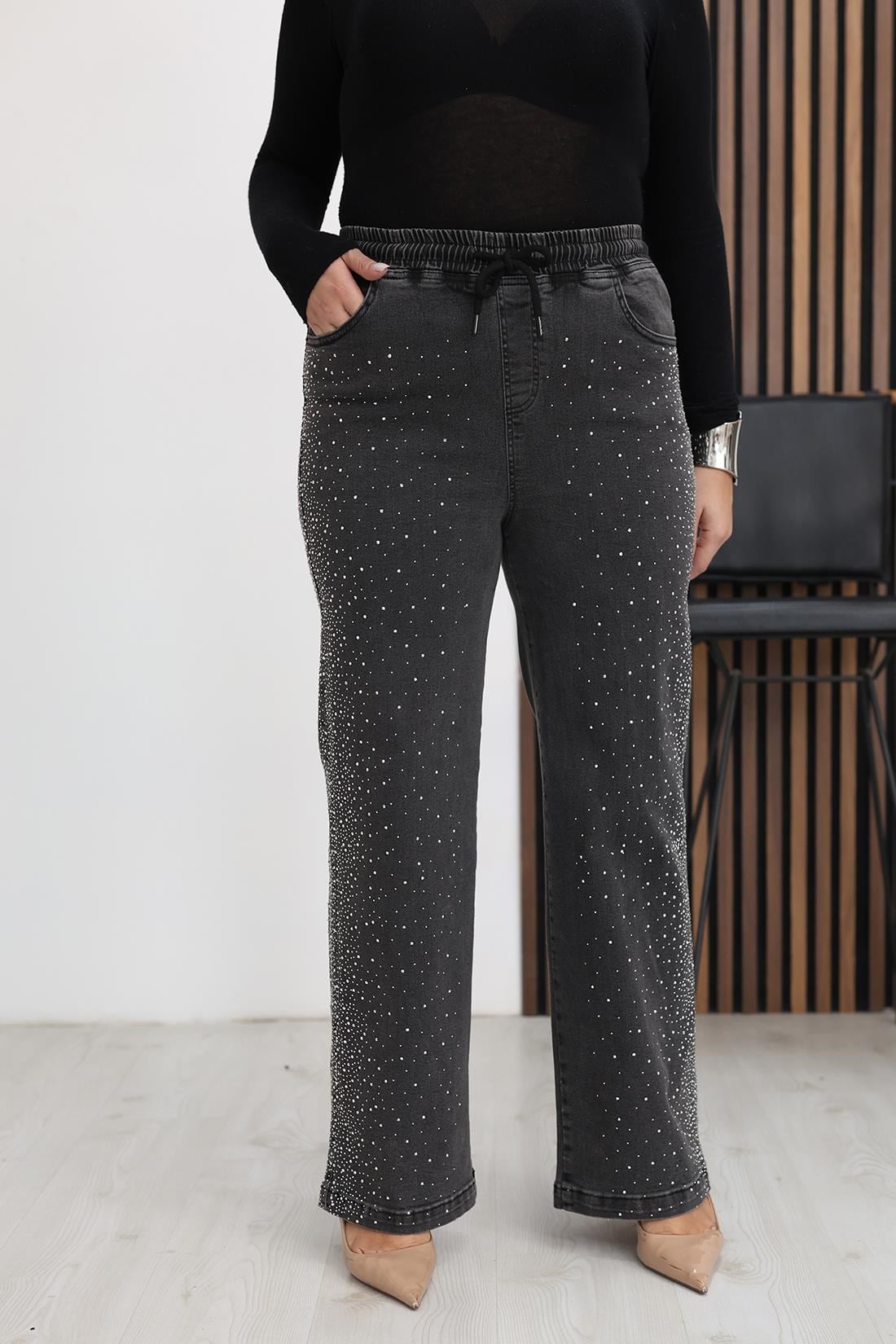 Pantolon Büyük Beden Taşlı Beli Lastikli Taşlı Palazzo Jean Pantolon