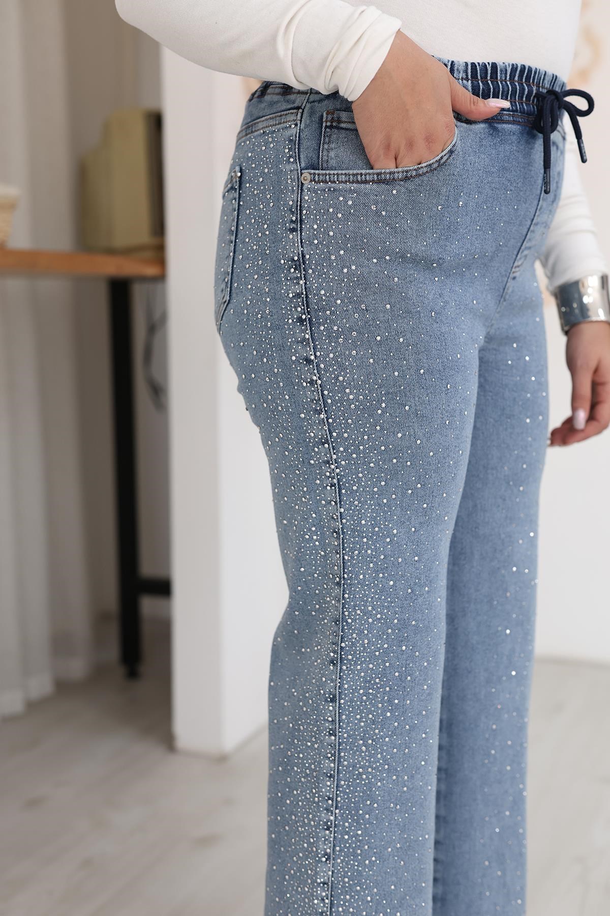 Pantolon Büyük Beden Taşlı Beli Lastikli Taşlı Palazzo Jean Pantolon