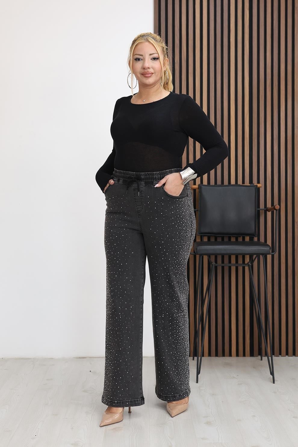 Pantolon Büyük Beden Taşlı Beli Lastikli Taşlı Palazzo Jean Pantolon