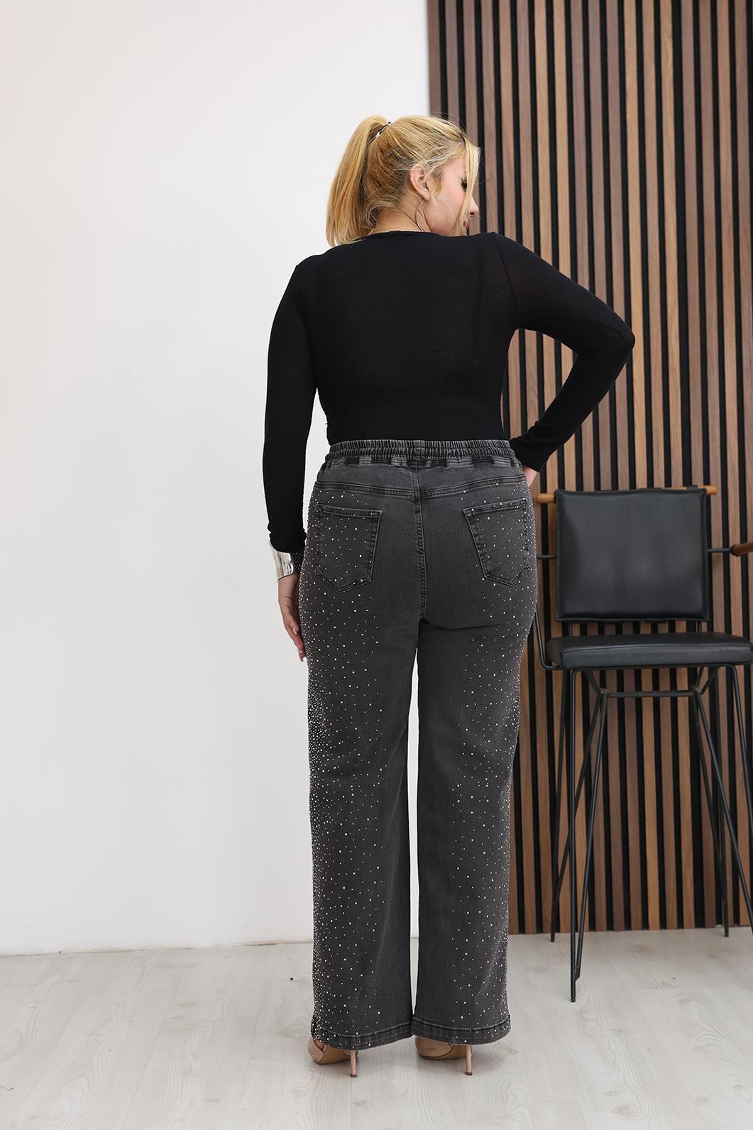 Pantolon Büyük Beden Taşlı Beli Lastikli Taşlı Palazzo Jean Pantolon