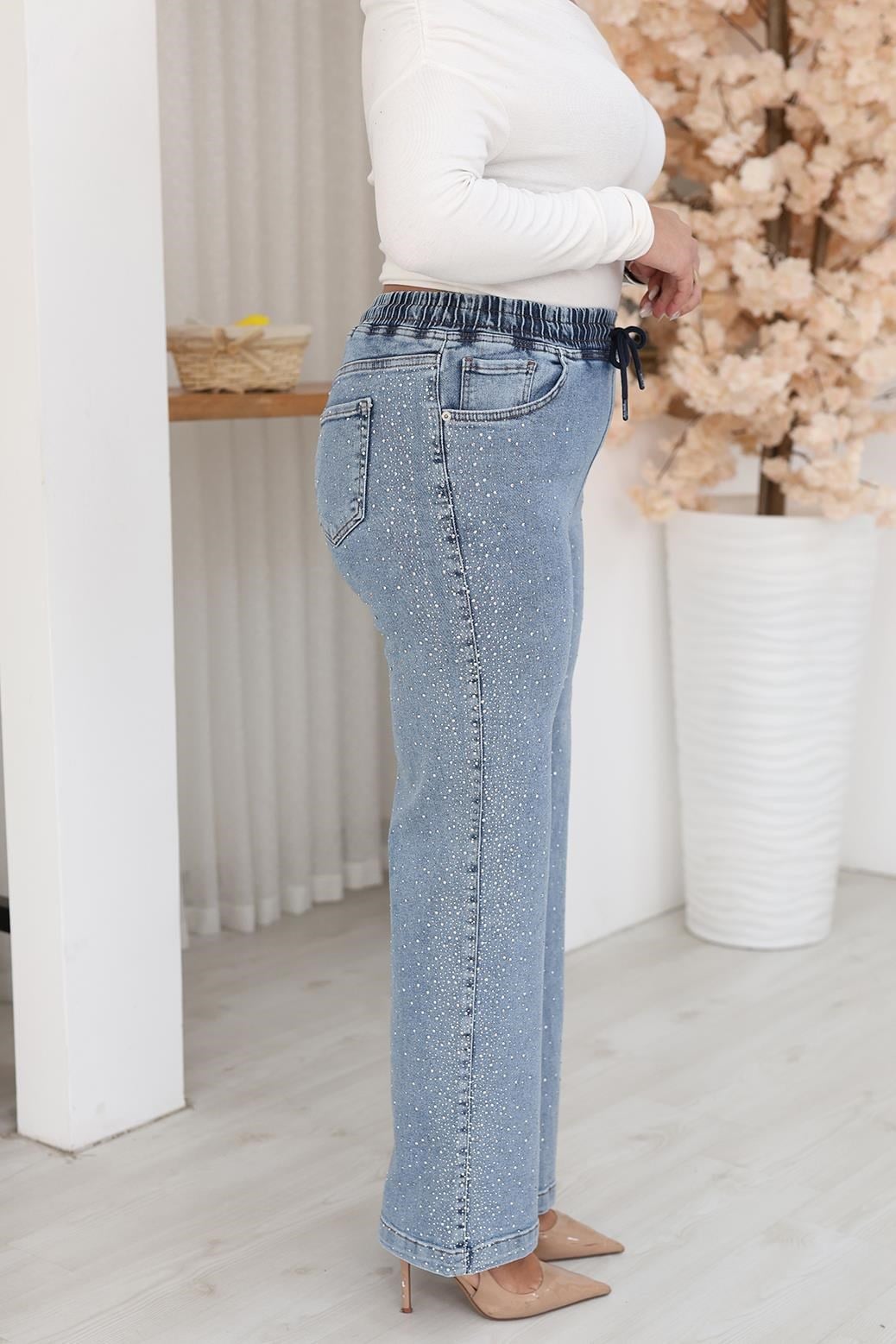 Pantolon Büyük Beden Taşlı Beli Lastikli Taşlı Palazzo Jean Pantolon