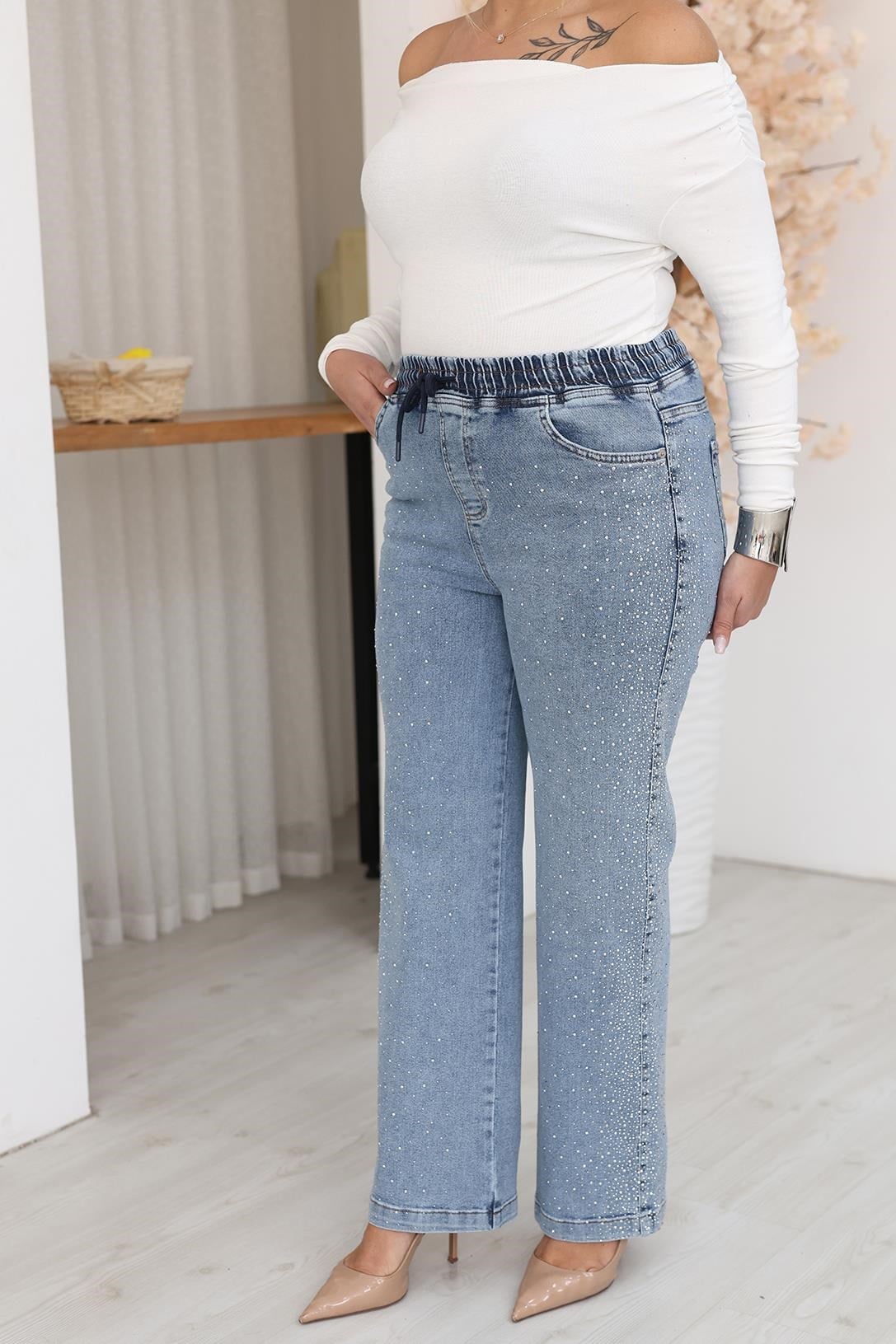 Pantolon Büyük Beden Taşlı Beli Lastikli Taşlı Palazzo Jean Pantolon
