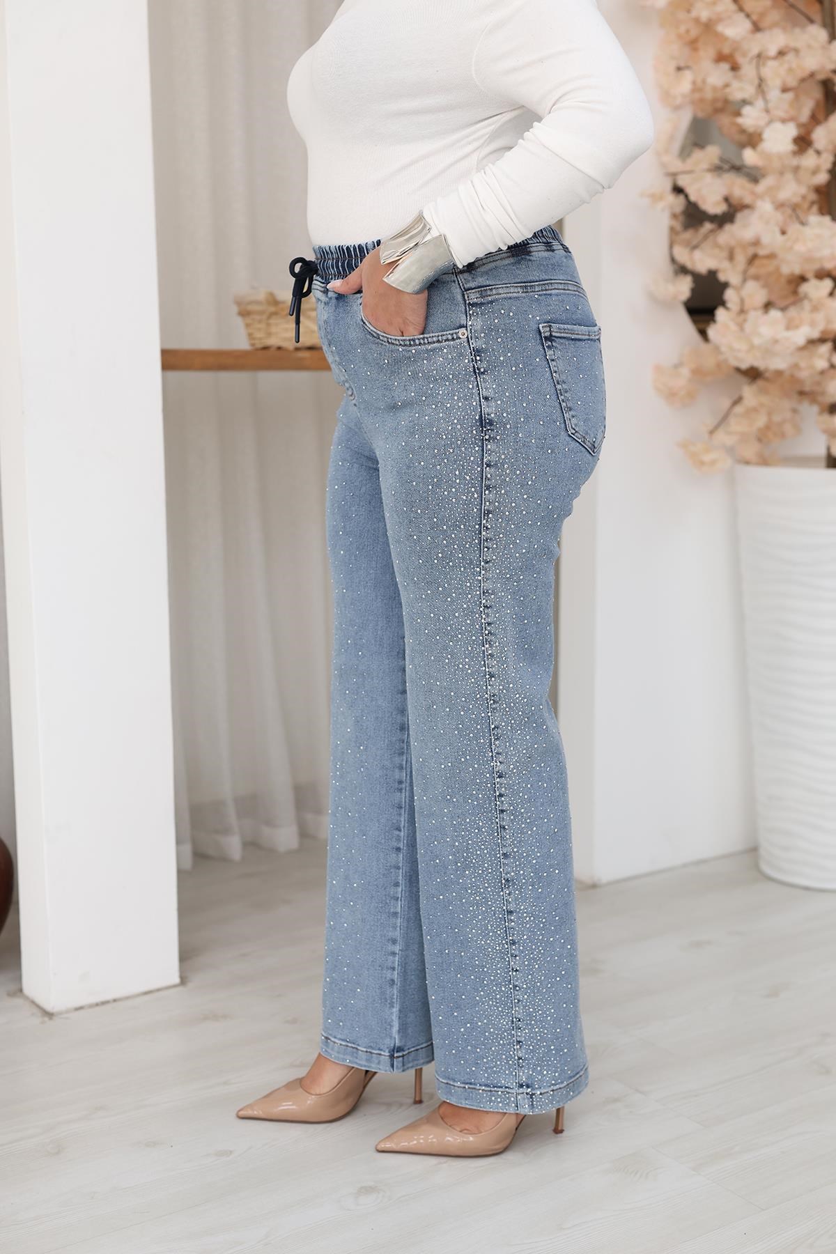 Pantolon Büyük Beden Taşlı Beli Lastikli Taşlı Palazzo Jean Pantolon