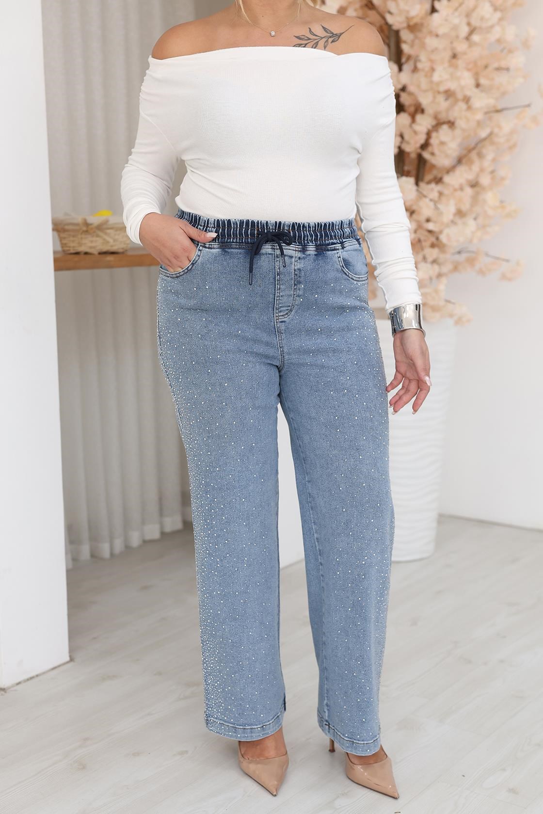 Pantolon Büyük Beden Taşlı Beli Lastikli Taşlı Palazzo Jean Pantolon