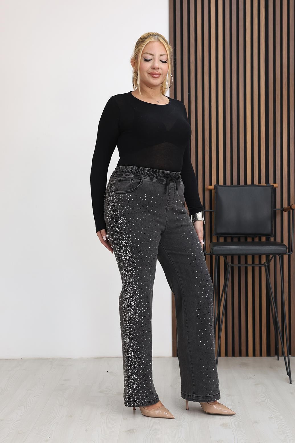 Pantolon Büyük Beden Taşlı Beli Lastikli Taşlı Palazzo Jean Pantolon
