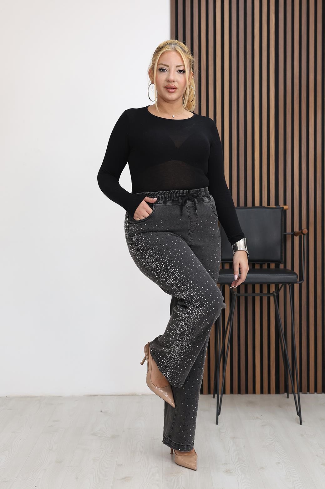 Pantolon Büyük Beden Taşlı Beli Lastikli Taşlı Palazzo Jean Pantolon