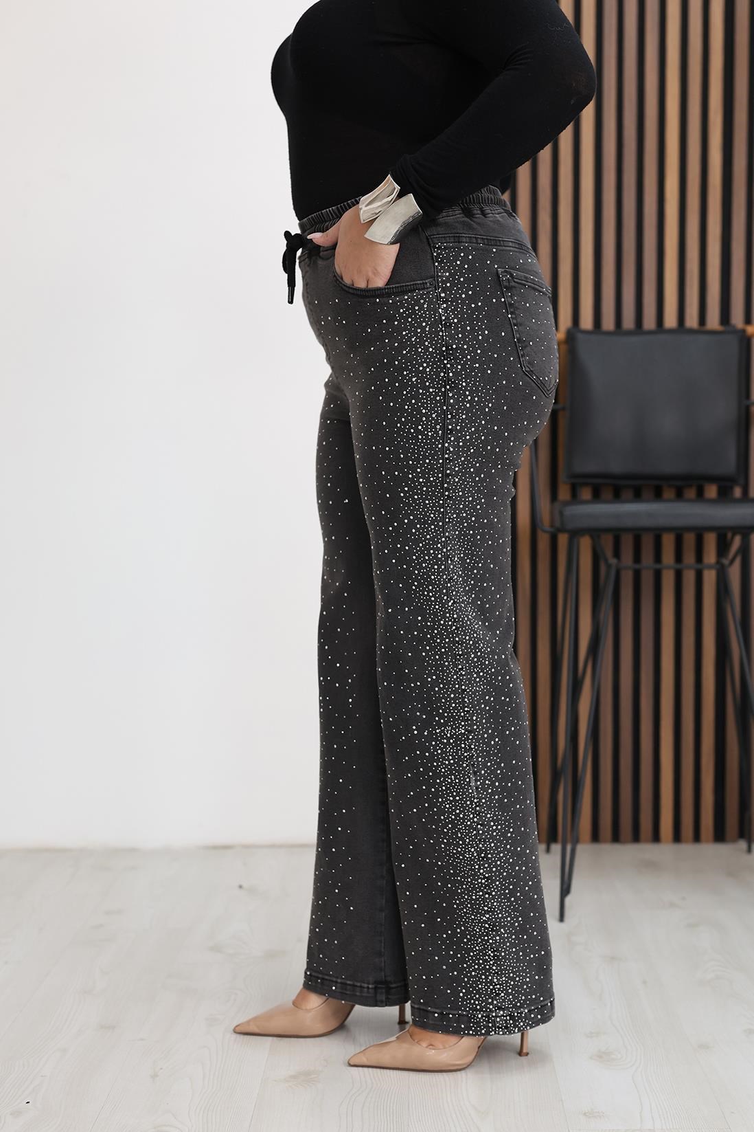 Pantolon Büyük Beden Taşlı Beli Lastikli Taşlı Palazzo Jean Pantolon